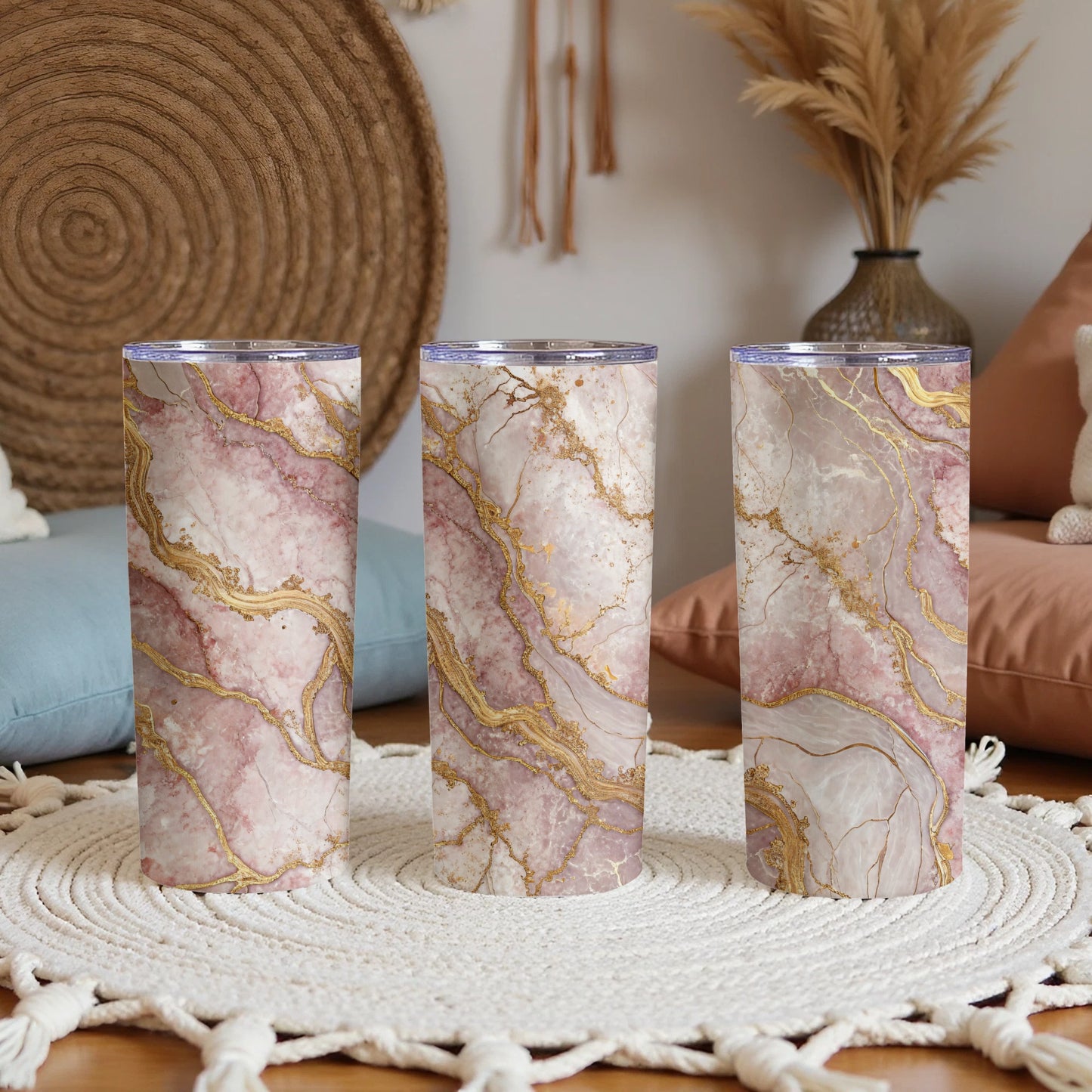 Elegant Pink Marble Tumbler with Gold Veins Design