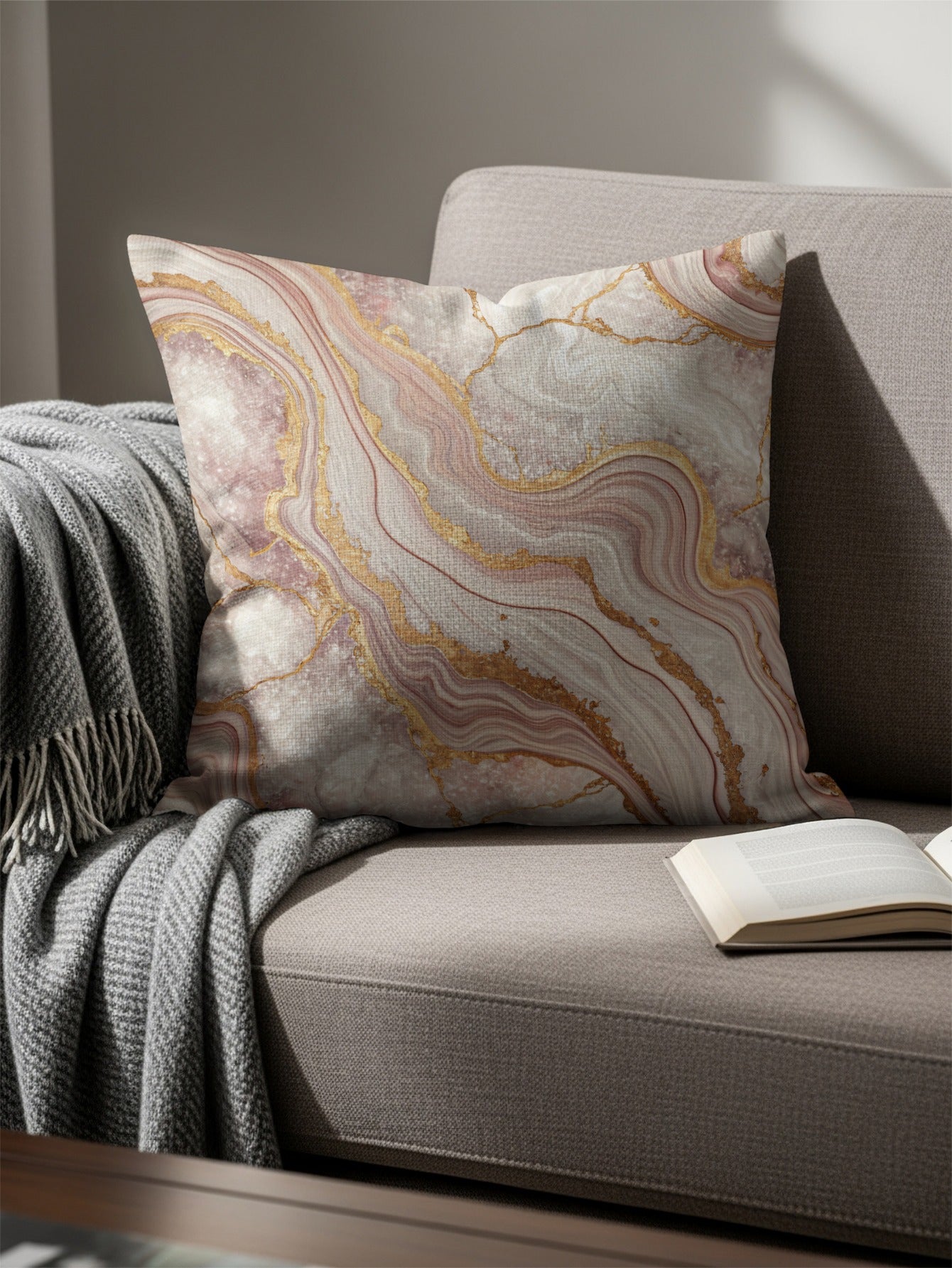 Abstract Marble Print Throw Pillow with Gold Veining Design
