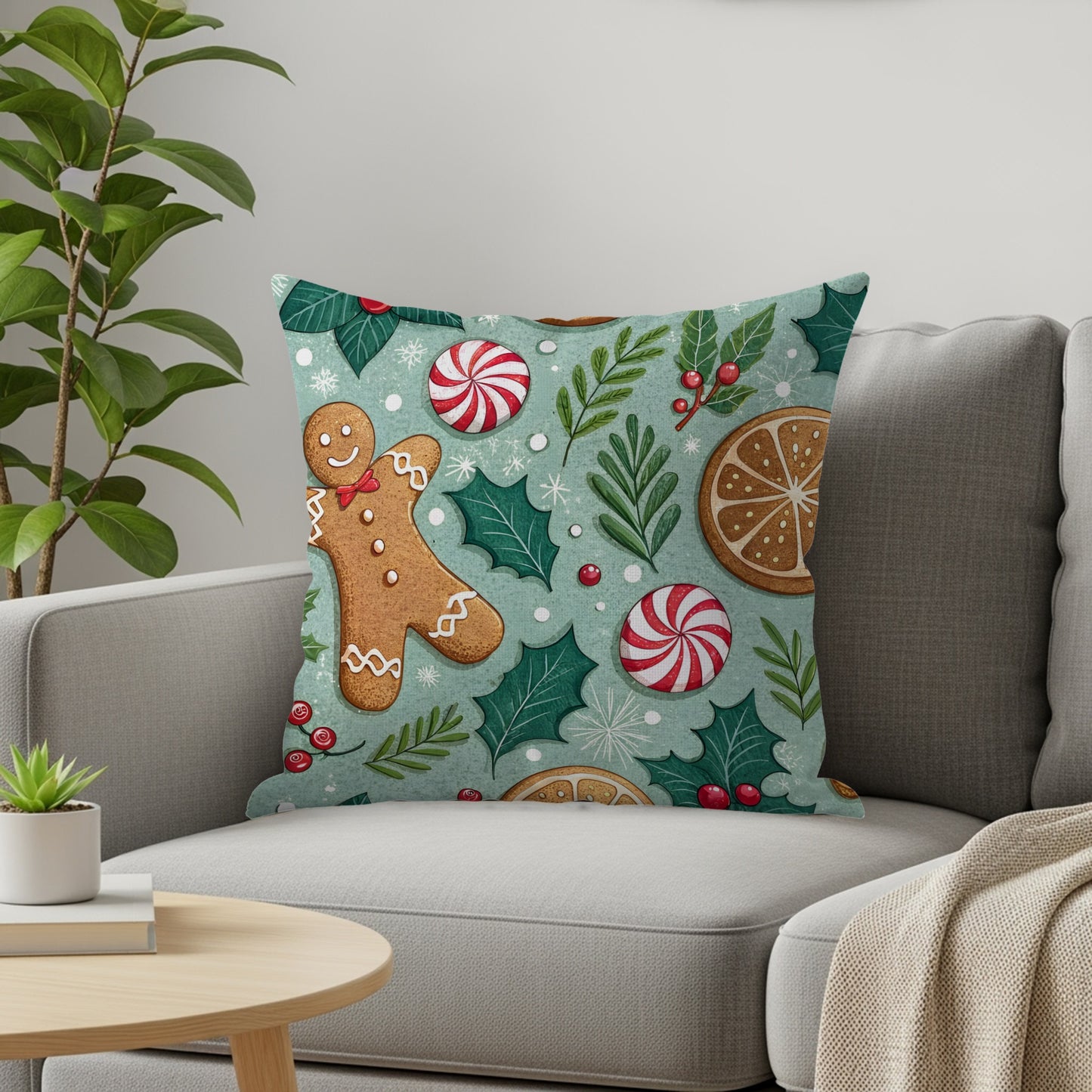 Festive Gingerbread and Peppermint Decorative Pillow