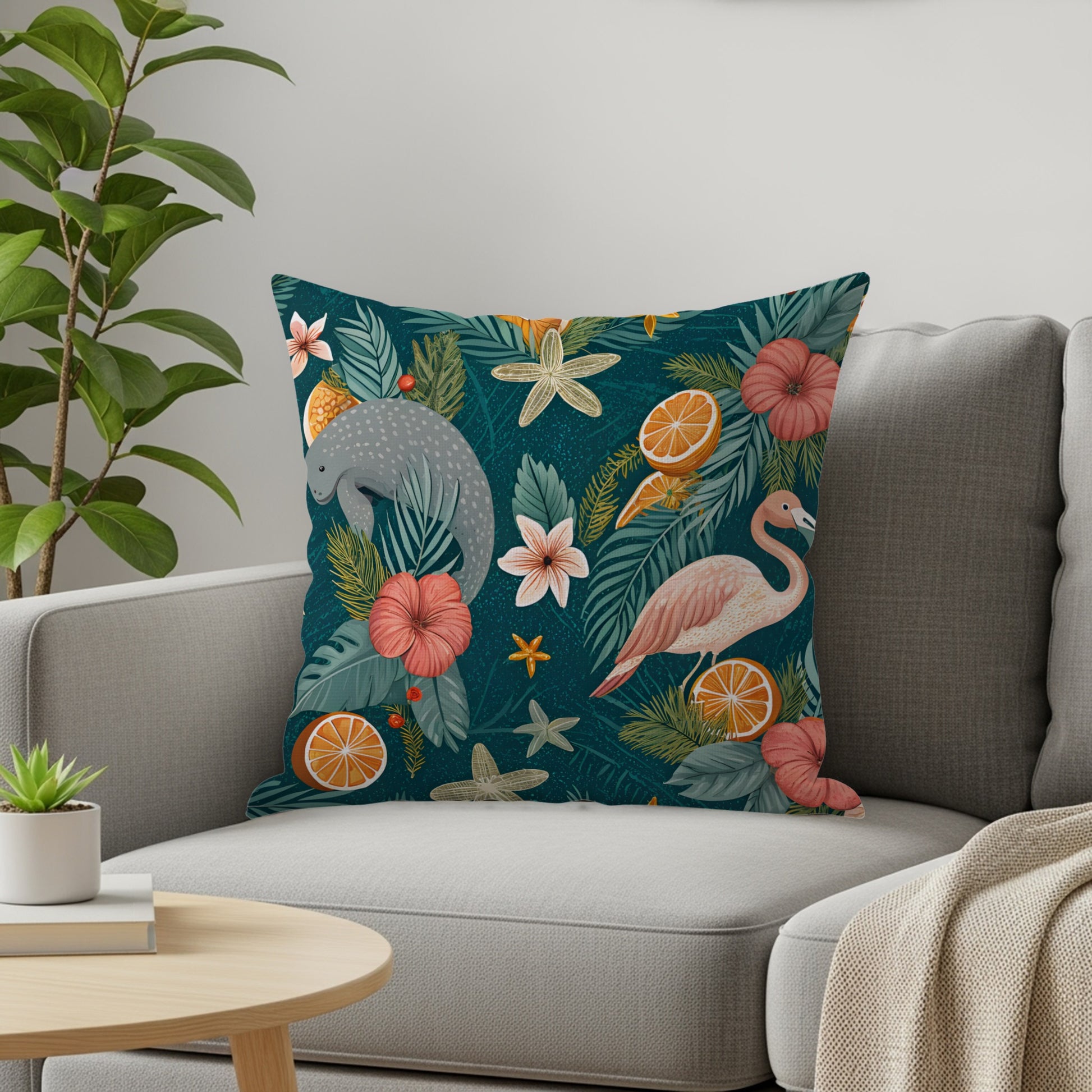Tropical Animal and Floral Pattern Pillow Cover