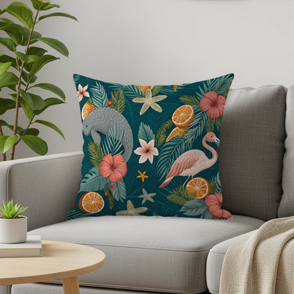 Tropical Animal and Floral Pattern Pillow Cover