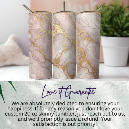 Stunning Pink Marble Gold Accents 20 oz Skinny Tumbler