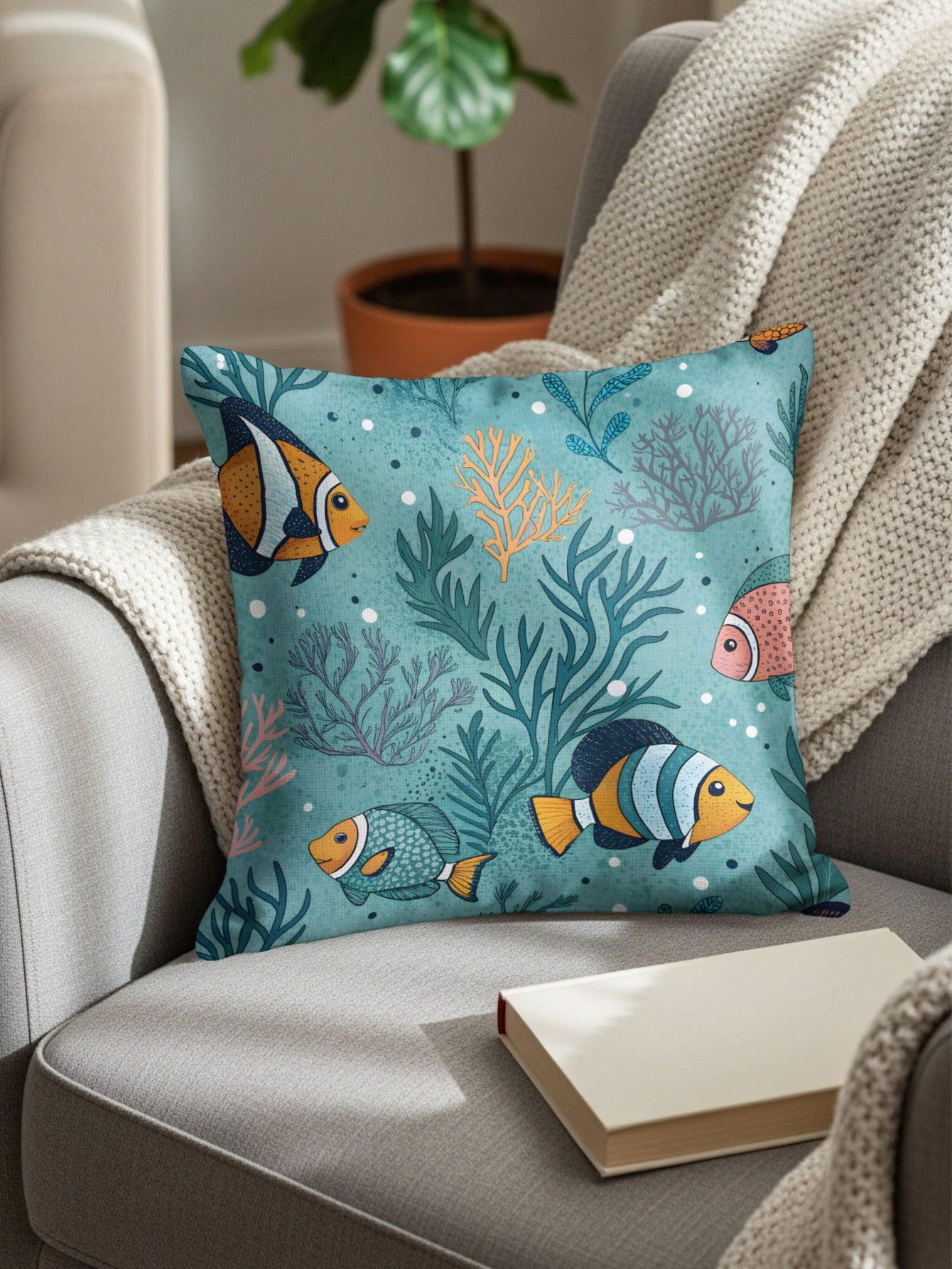 Colorful Underwater Fish Print Decorative Pillow