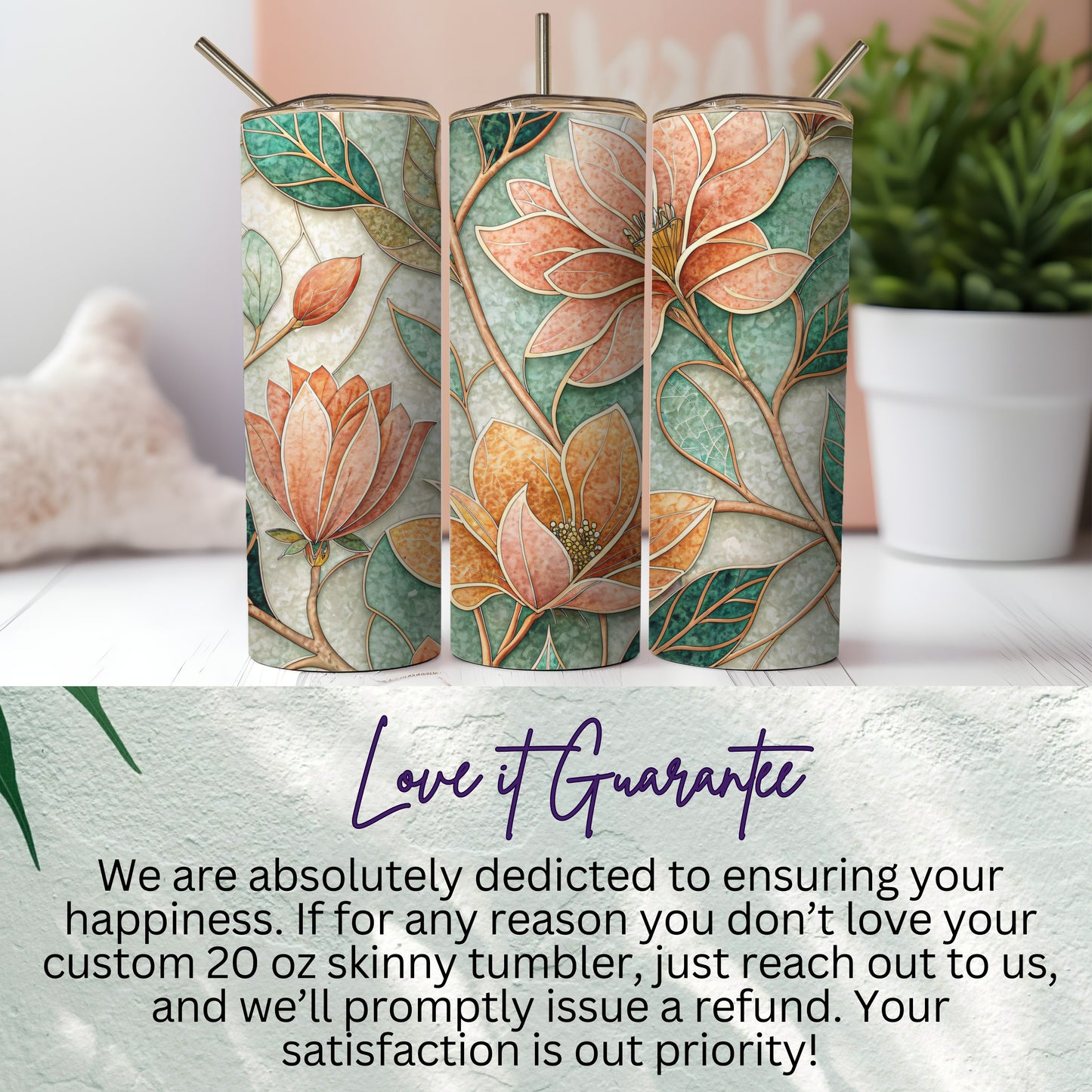 Peach and Green Flowers Artistic Pattern Beautiful 20 oz Skinny Tumbler - Walk Greener