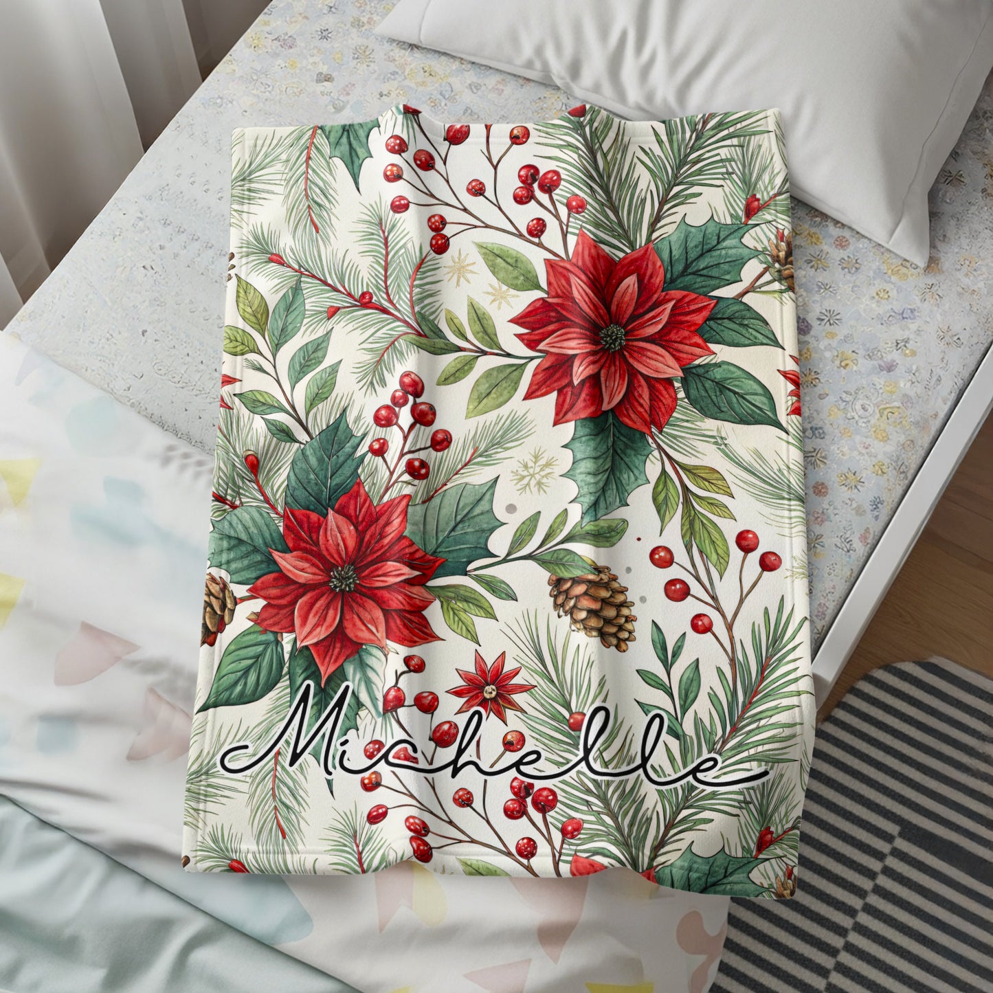 Festive Red Poinsettia and Berries Decor Blanket