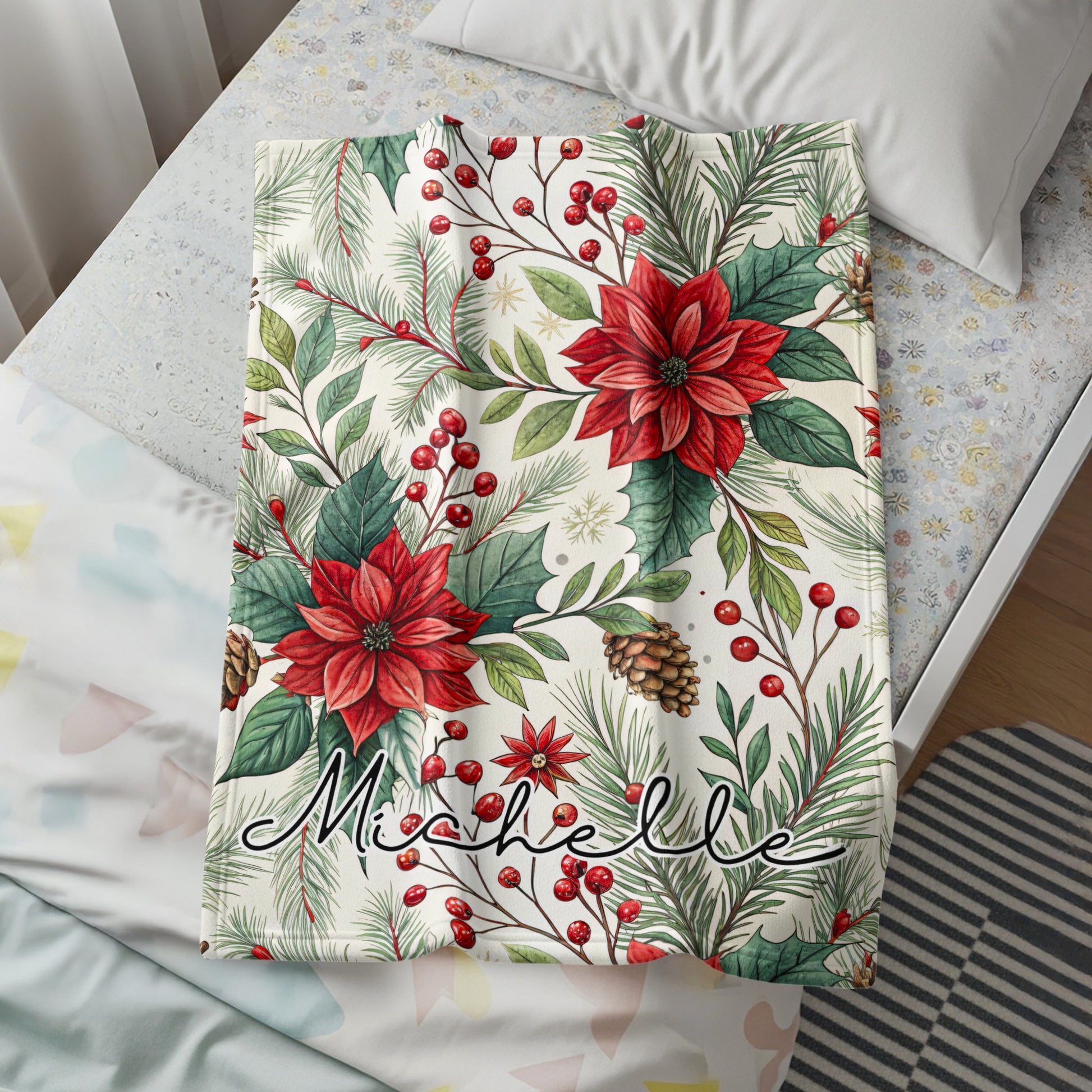 Festive Red Poinsettia and Berries Decor Blanket