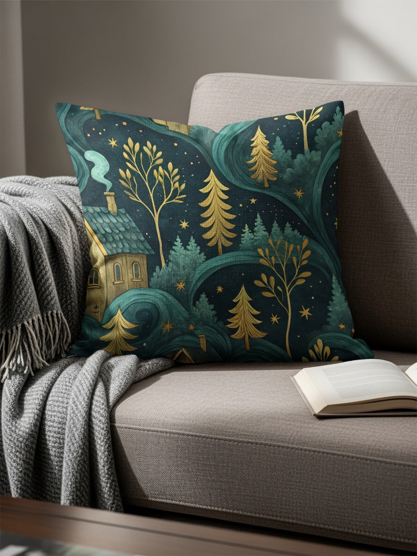 Night Sky Homes And Golden Trees Pattern Throw Pillows - Walk Greener