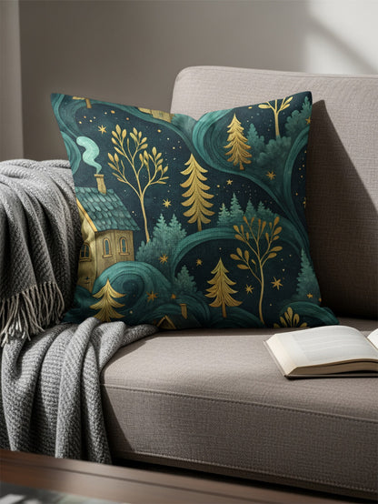Night Sky Homes And Golden Trees Pattern Throw Pillows - Walk Greener