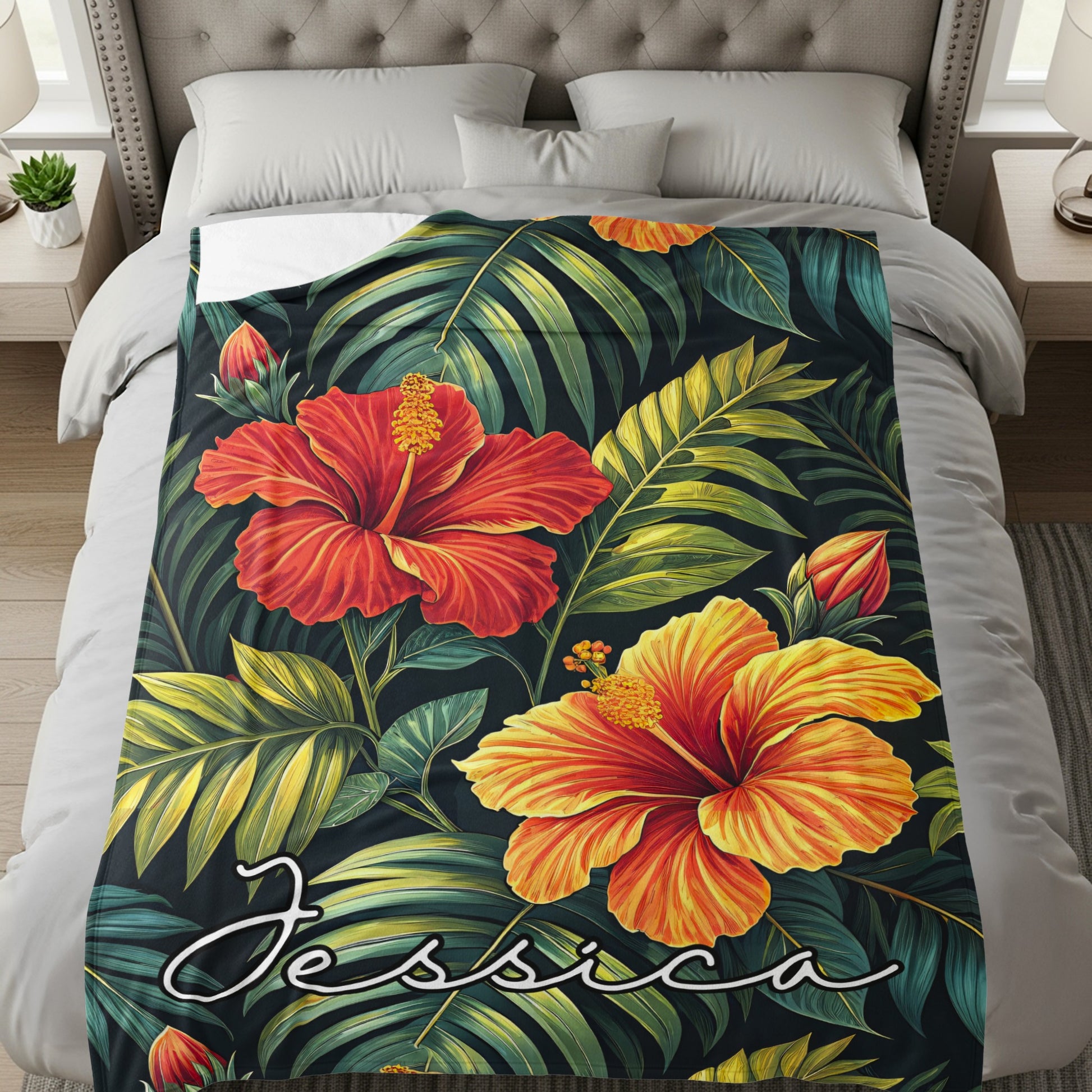 Tropical Hibiscus Flowers Custom Name Printed Blankets - Walk Greener