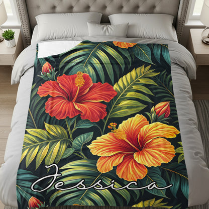 Tropical Hibiscus Flowers Custom Name Printed Blankets - Walk Greener
