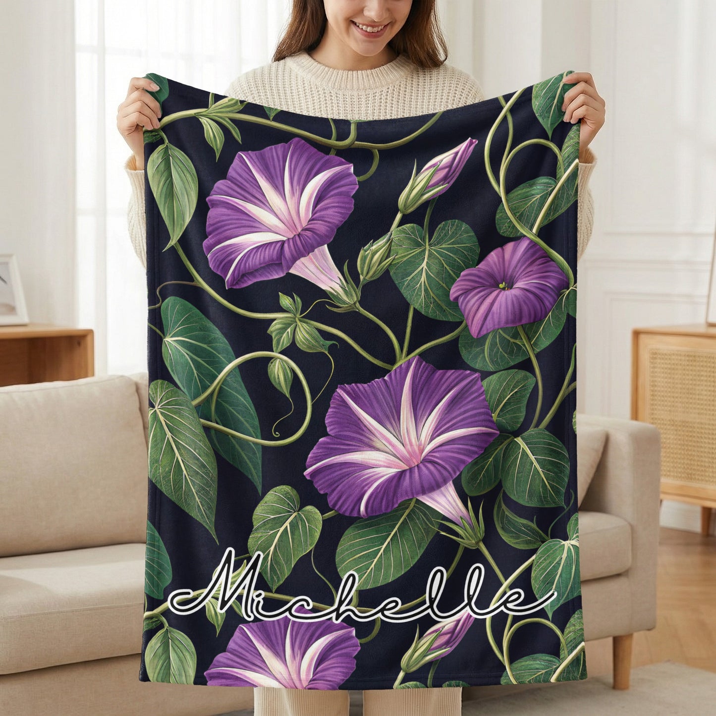 Purple Floral with Custom Name Decoration Custom Blanket - Walk Greener
