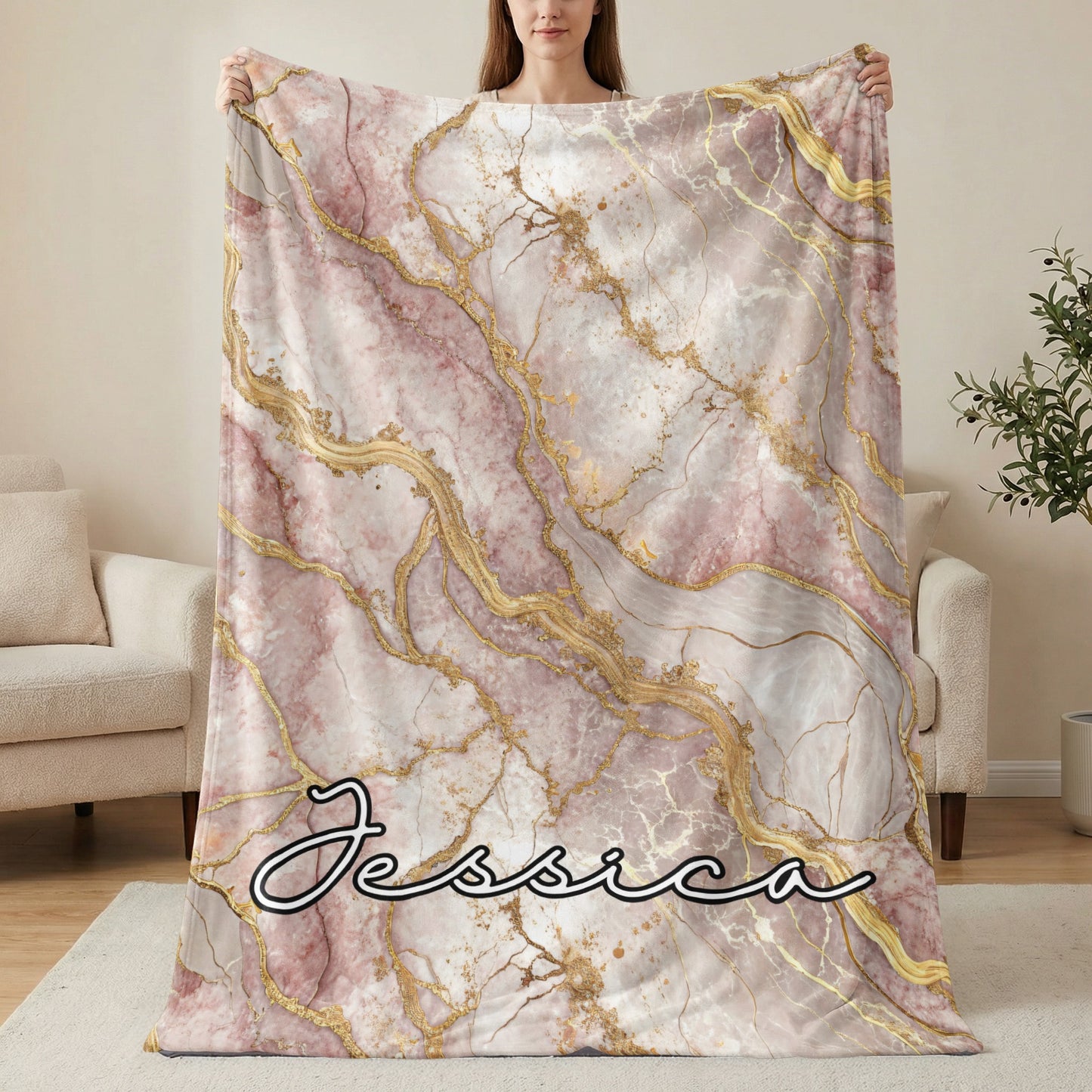 Personalized Jessica Marbled Pink and Gold Large Blanket
