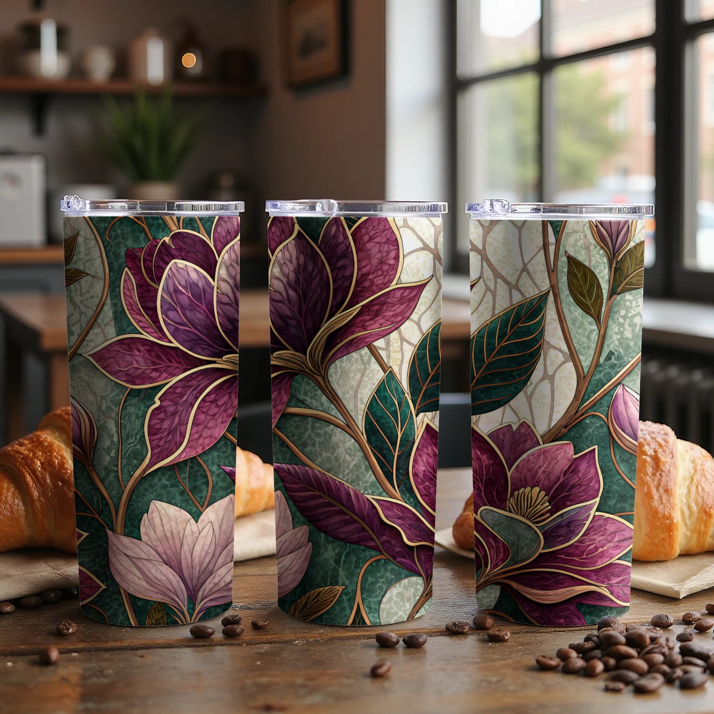 Abstract Floral Design with Gold Outlines and Lush Colors 20 oz Skinny Tumbler - Walk Greener
