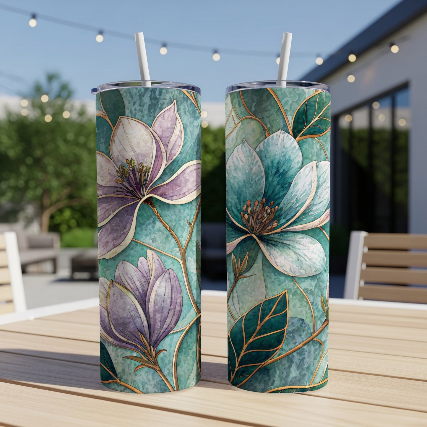 Magnolia Floral Watercolor Teal Background 20 oz Skinny Tumbler - Walk Greener