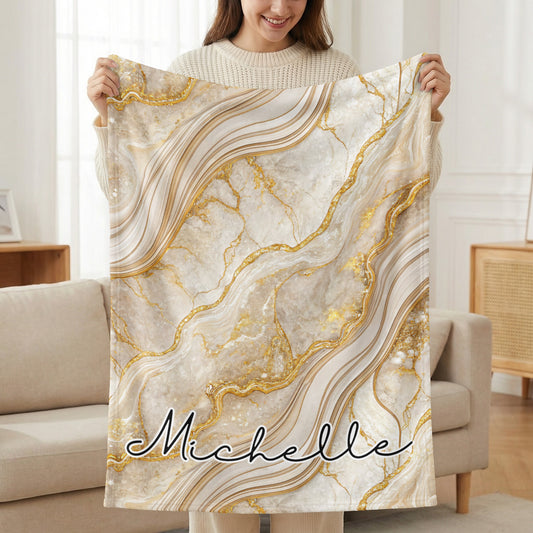 Elegant Gold Veined Marble Background Custom Name Blanket - Walk Greener