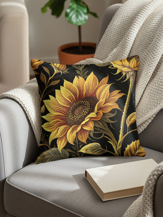 Elegant Sunflowers on Dark Background Decorative Floral Throw Pillows - Walk Greener