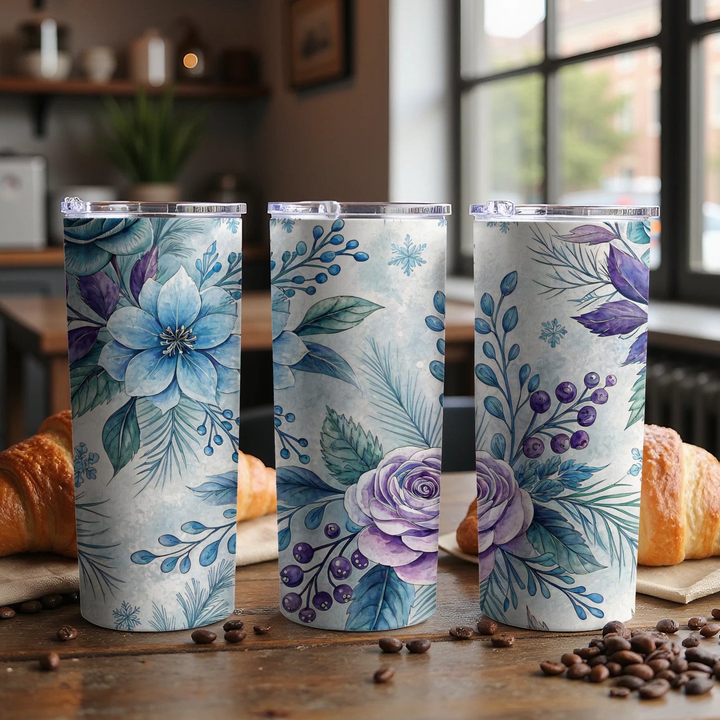 Floral Blue and Purple Patterned Travel Mug Set
