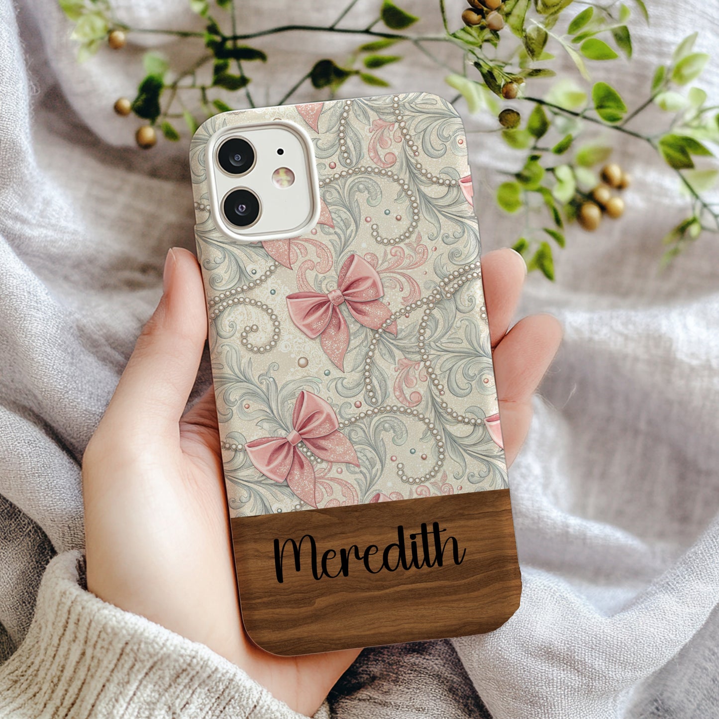 Customizable Floral Pink Bow Design Phone Case