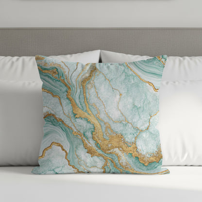 Elegant Aqua and Gold Marble Pattern Pillow