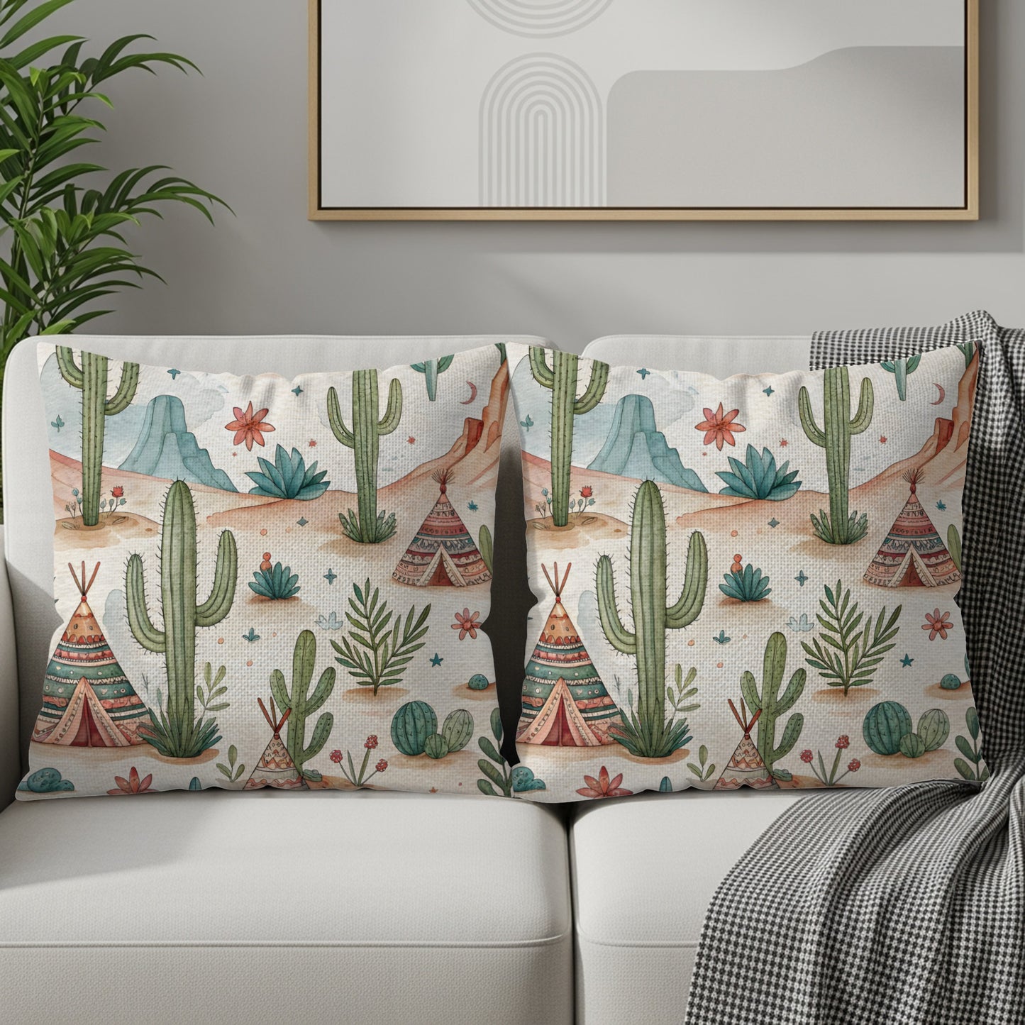 Desert Dreams with Teepees and Cacti Watercolor Style Pillows & Pillow Cases - Walk Greener