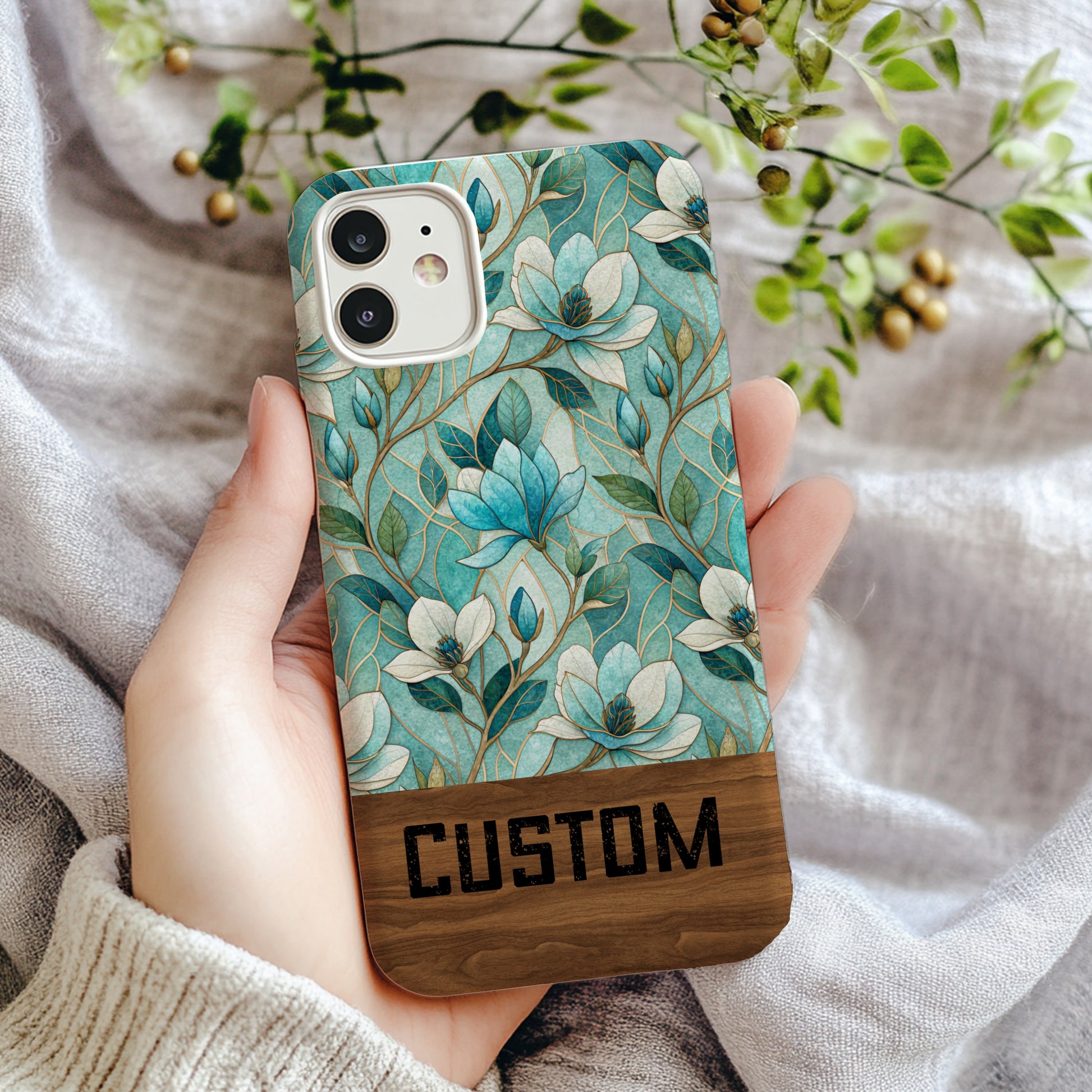Custom Floral Pattern Phone Case with Wood Accent