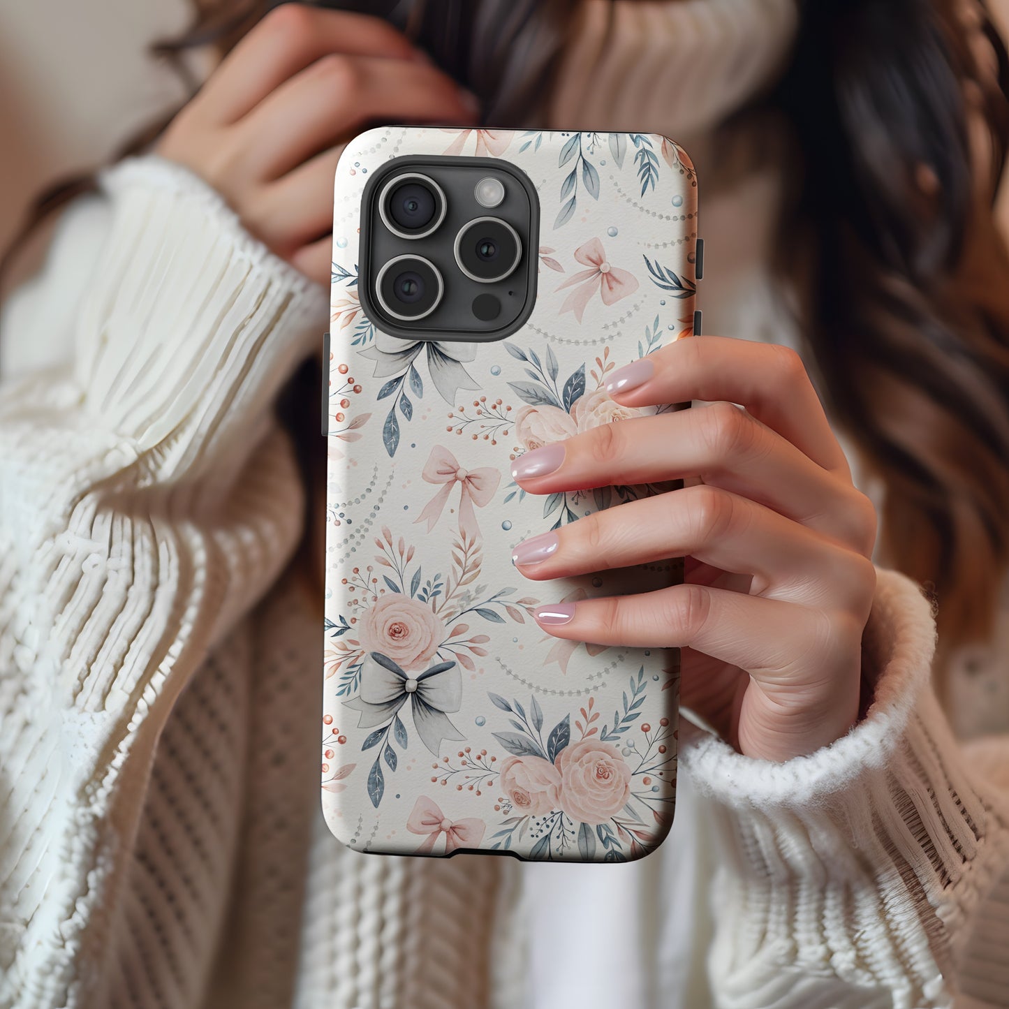 Floral Pattern Phone Case with Pastel Pink Roses