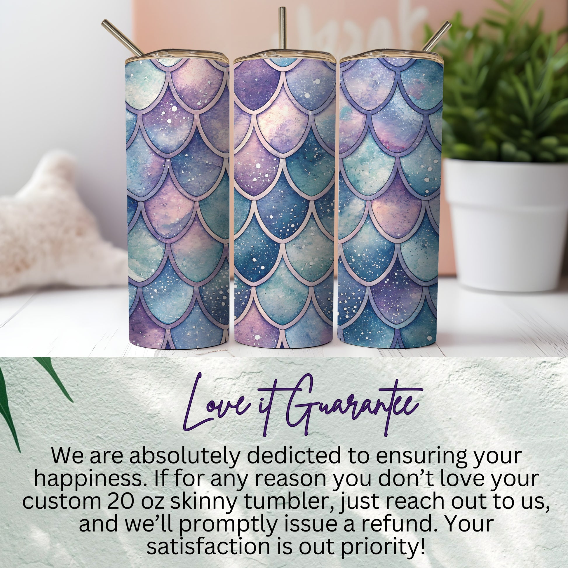 Watercolor Mermaid Scales Pattern in Teal Blue Purple Tumbler - Walk Greener