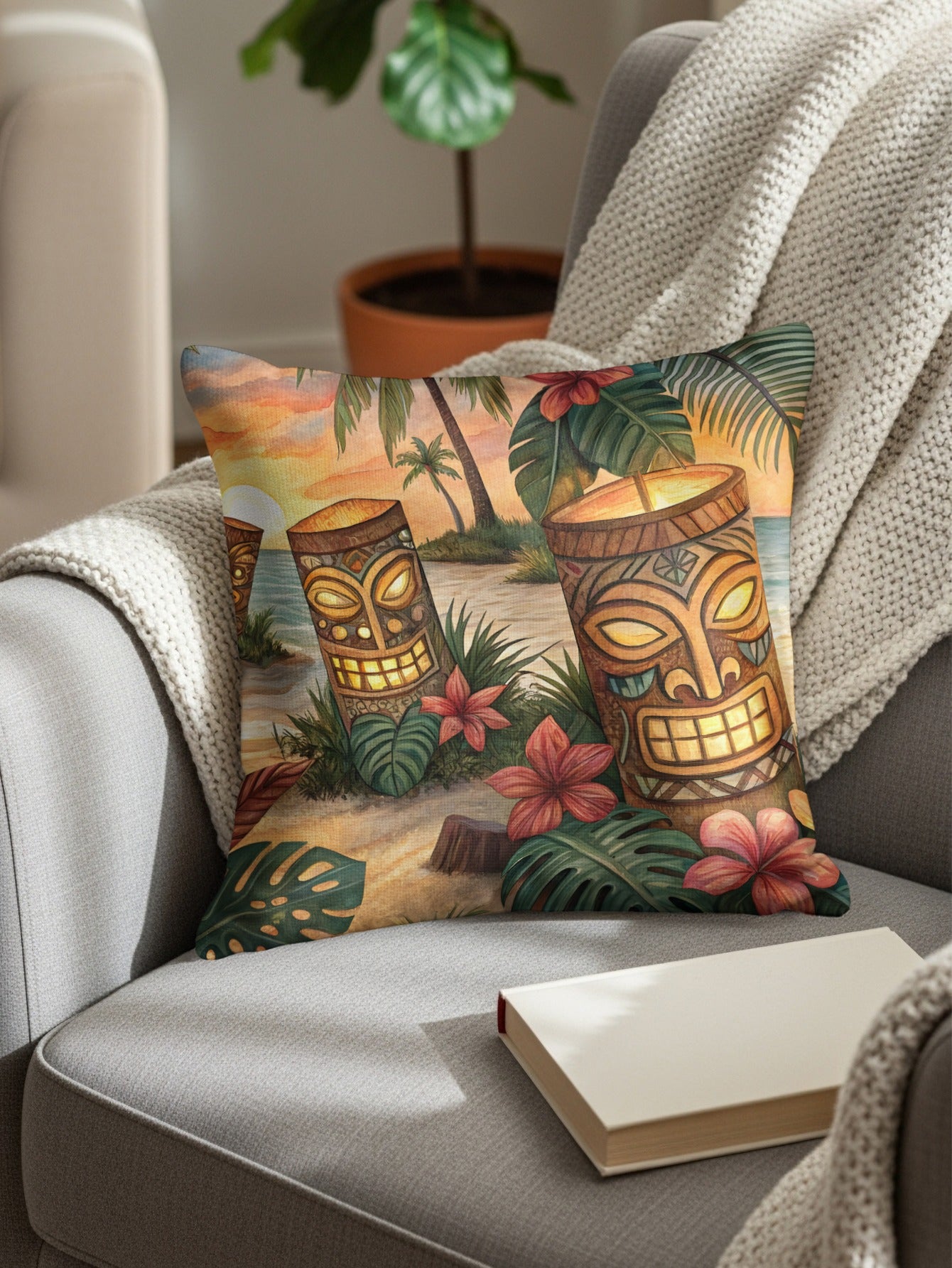 Tropical Tiki Sunset Design Throw Pillow for Home Decor