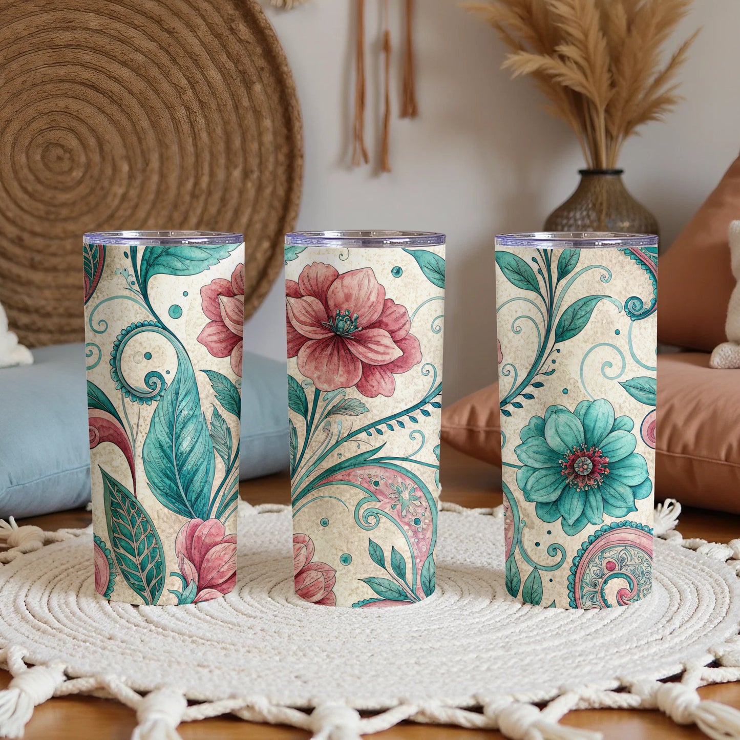Floral Dreamscape Turquoise Crimson 20 oz Skinny Tumbler - Walk Greener