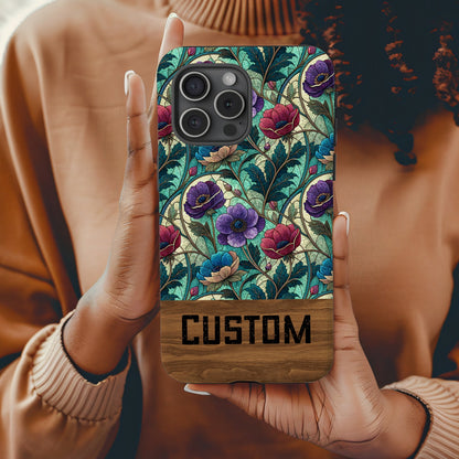 Custom Floral Design Phone Case With Wood Accent