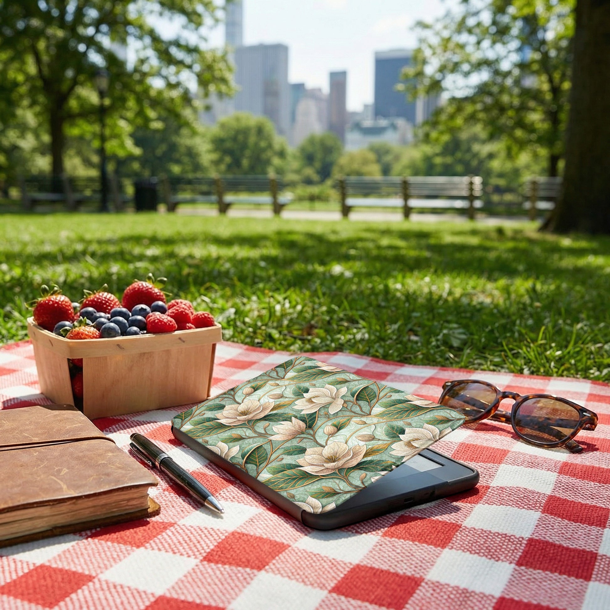 Floral Patterned Tablet Sleeve on Picnic Blanket