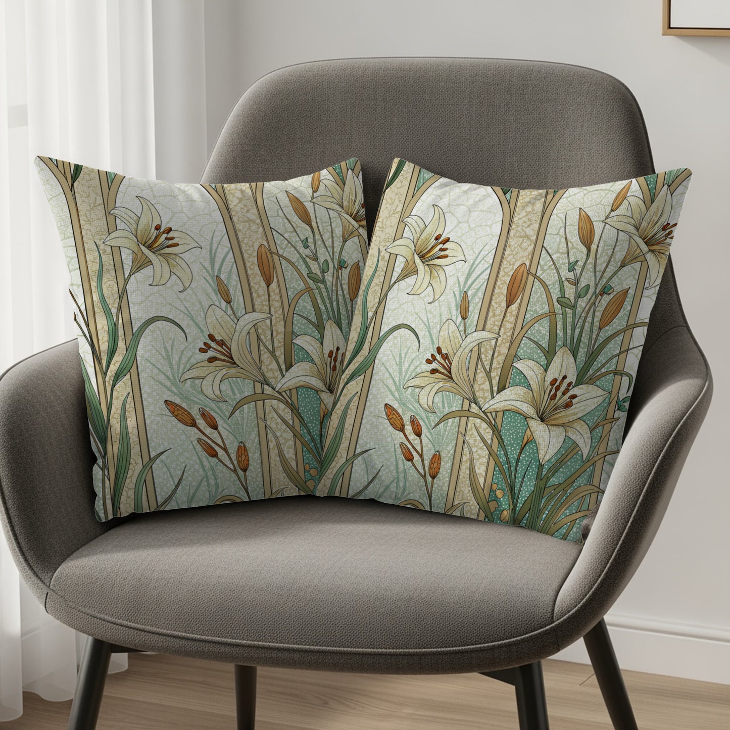 Floral Beauty Lilies Within Arches on Light Green Throw Pillows - Walk Greener
