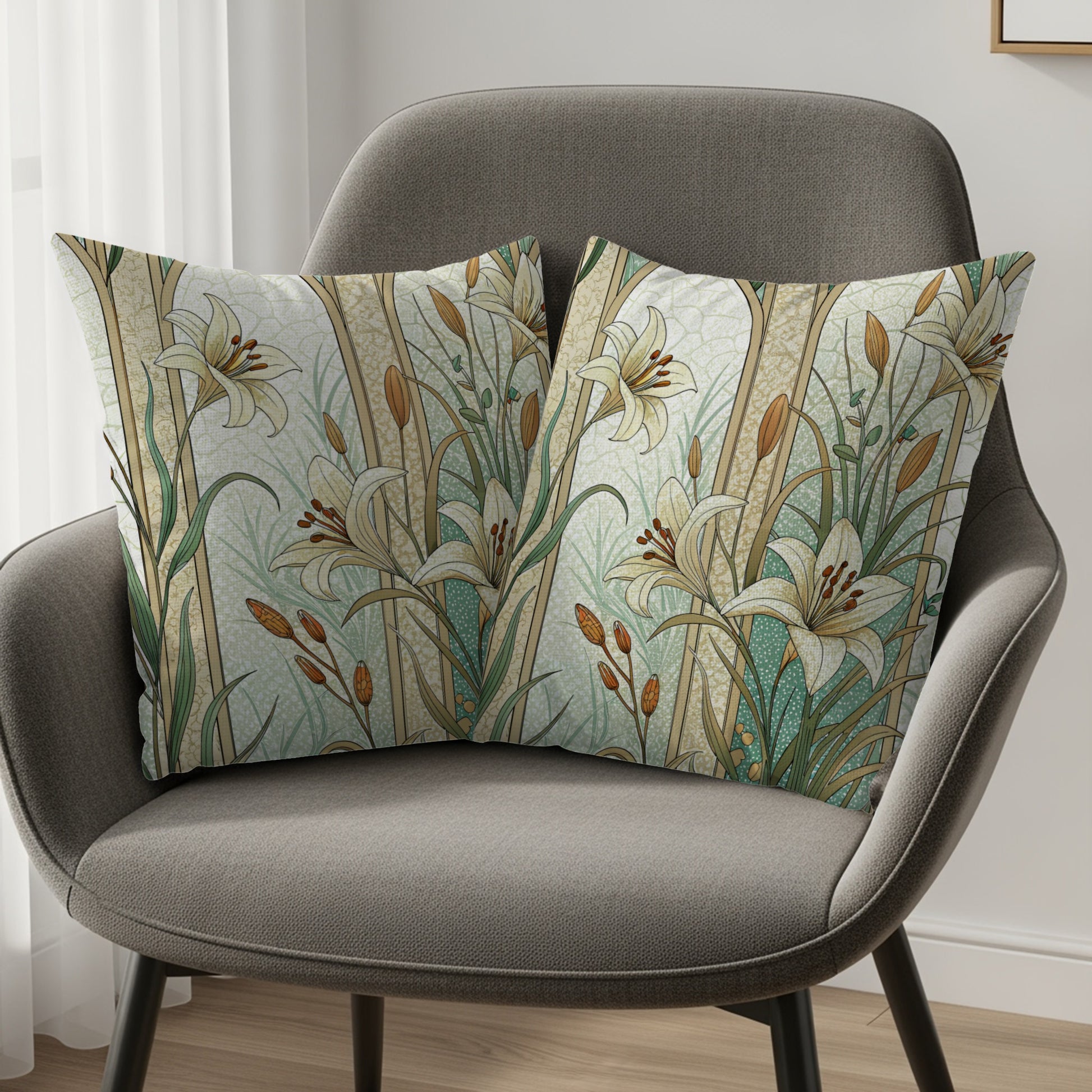 Floral Beauty Lilies Within Arches on Light Green Throw Pillows - Walk Greener