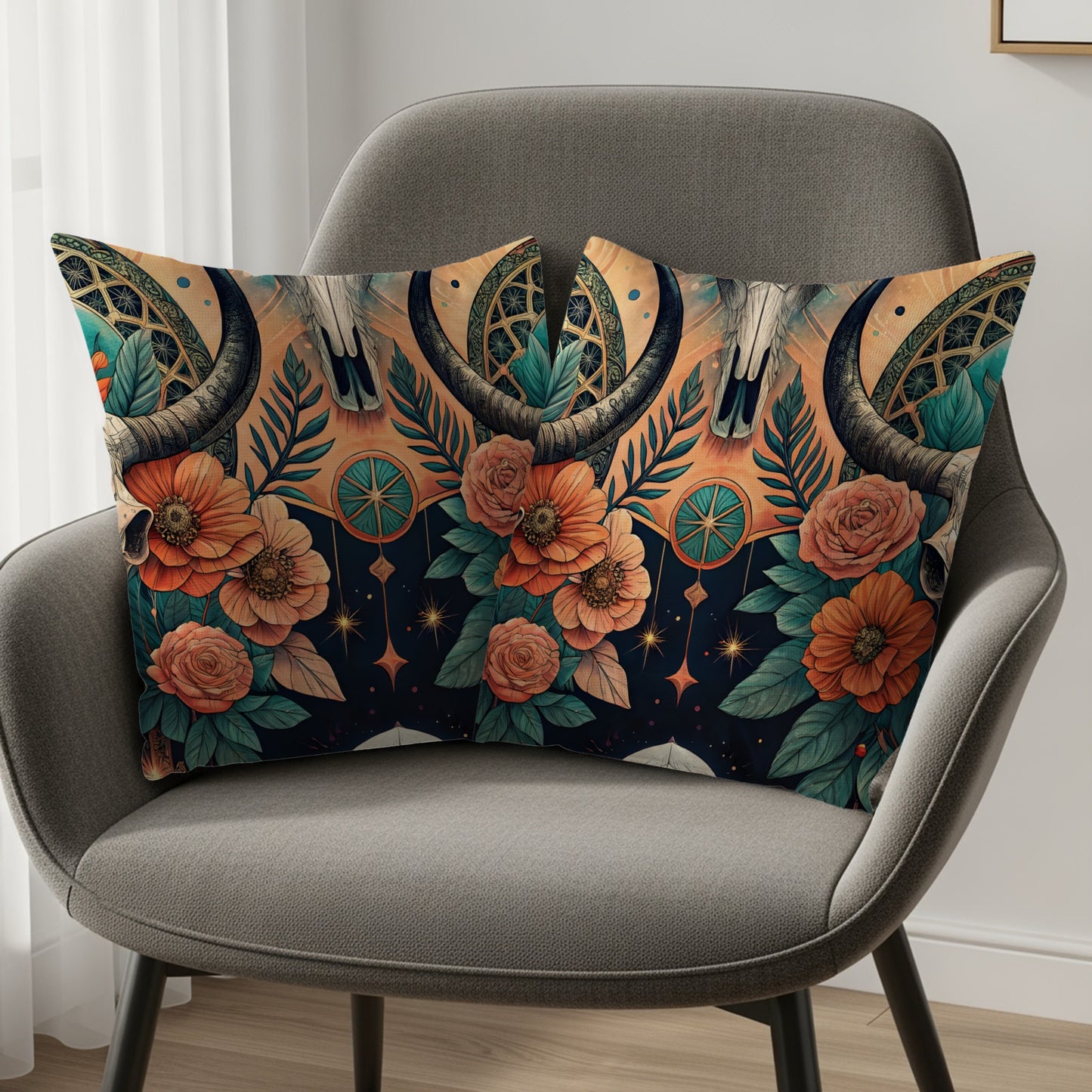 Boho Floral Skull Design Throw Pillow Decor Accent