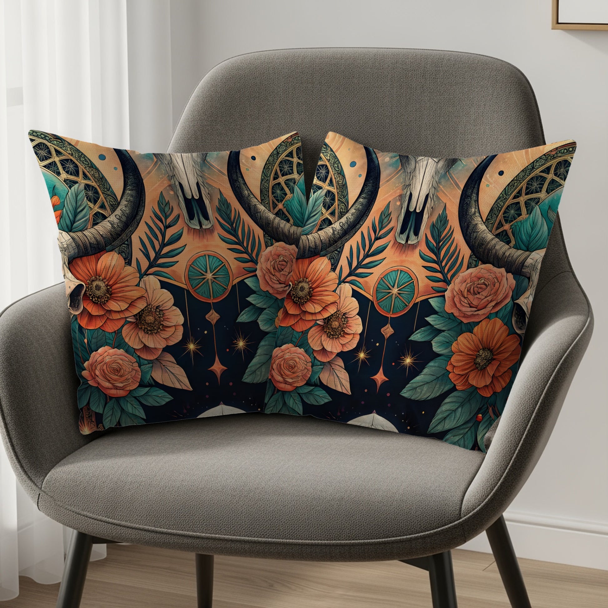 Boho Floral Skull Design Throw Pillow Decor Accent