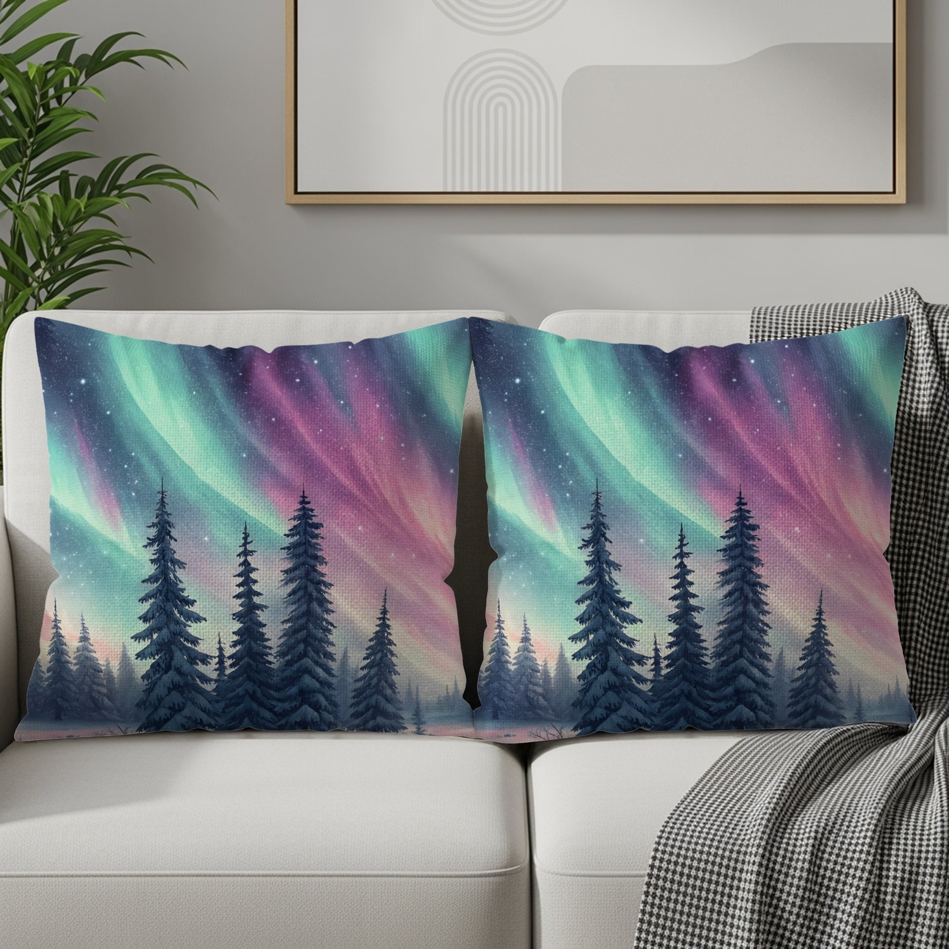 Northern Lights Forest Scenic Throw Pillow Set