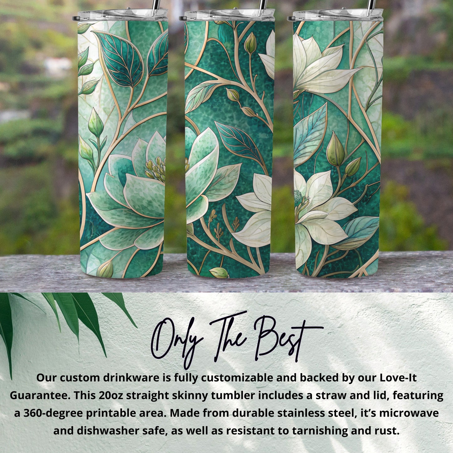 Blooming Magnolias on Emerald Background 20 oz Skinny Tumbler - Walk Greener