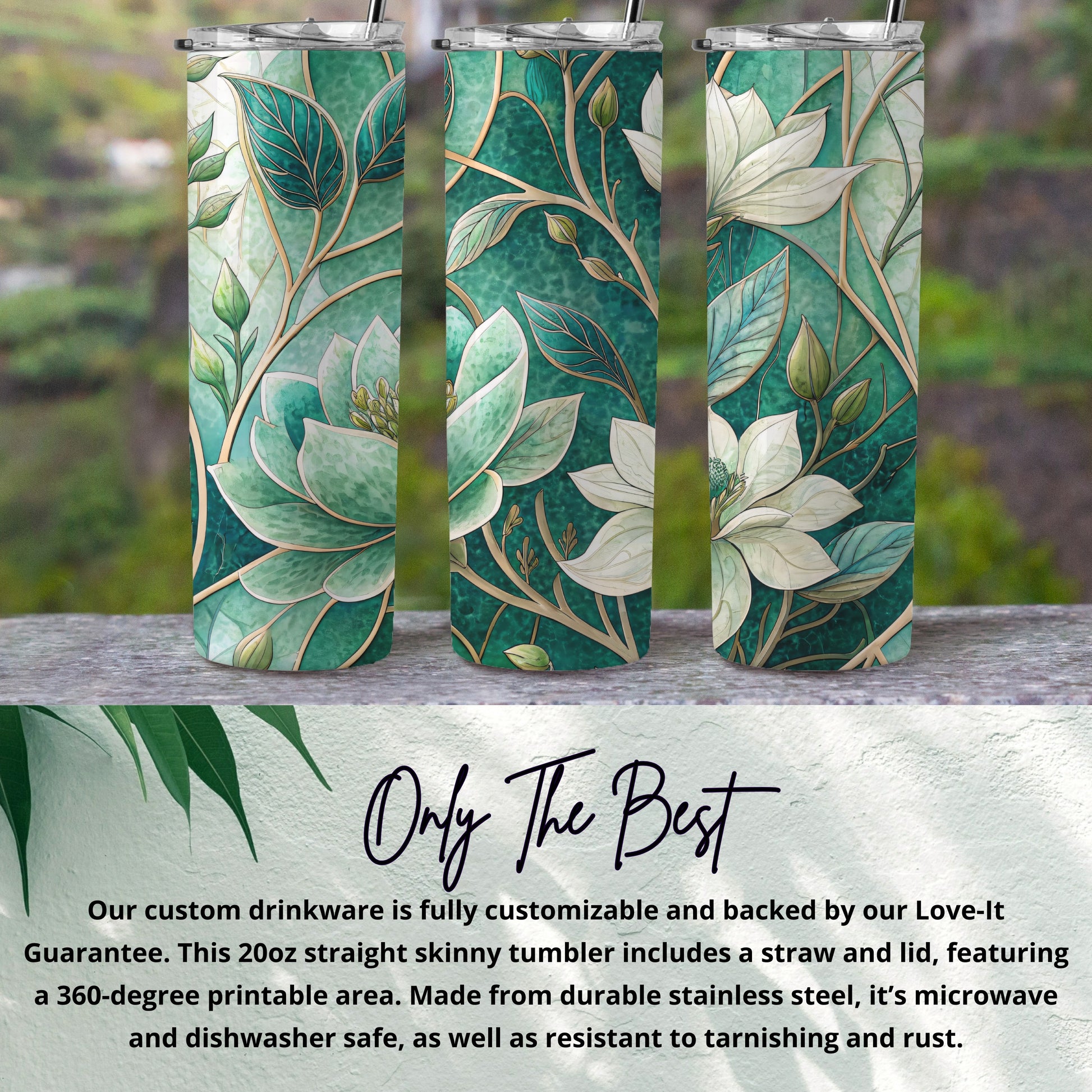 Blooming Magnolias on Emerald Background 20 oz Skinny Tumbler - Walk Greener