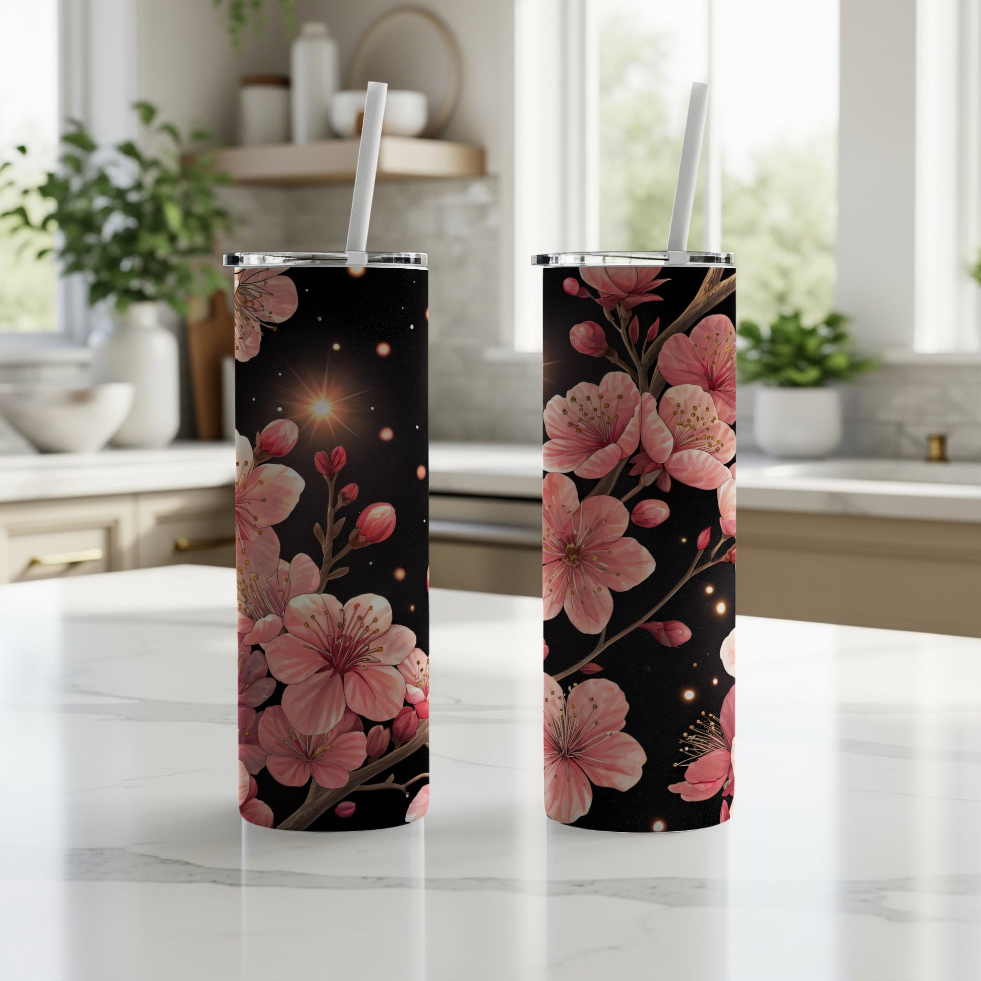 Pink Blossoms Against a Night Sky Floral Design Tumblers - Walk Greener