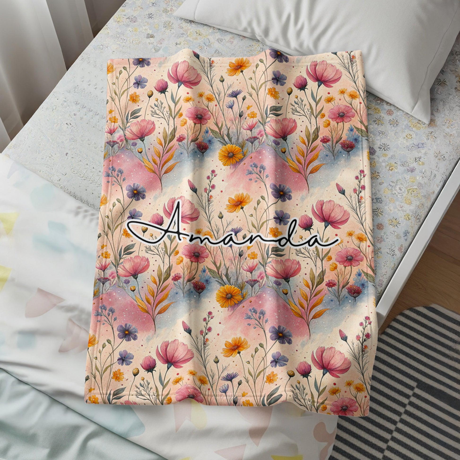 Colorful Floral Pattern Personalized Blanket