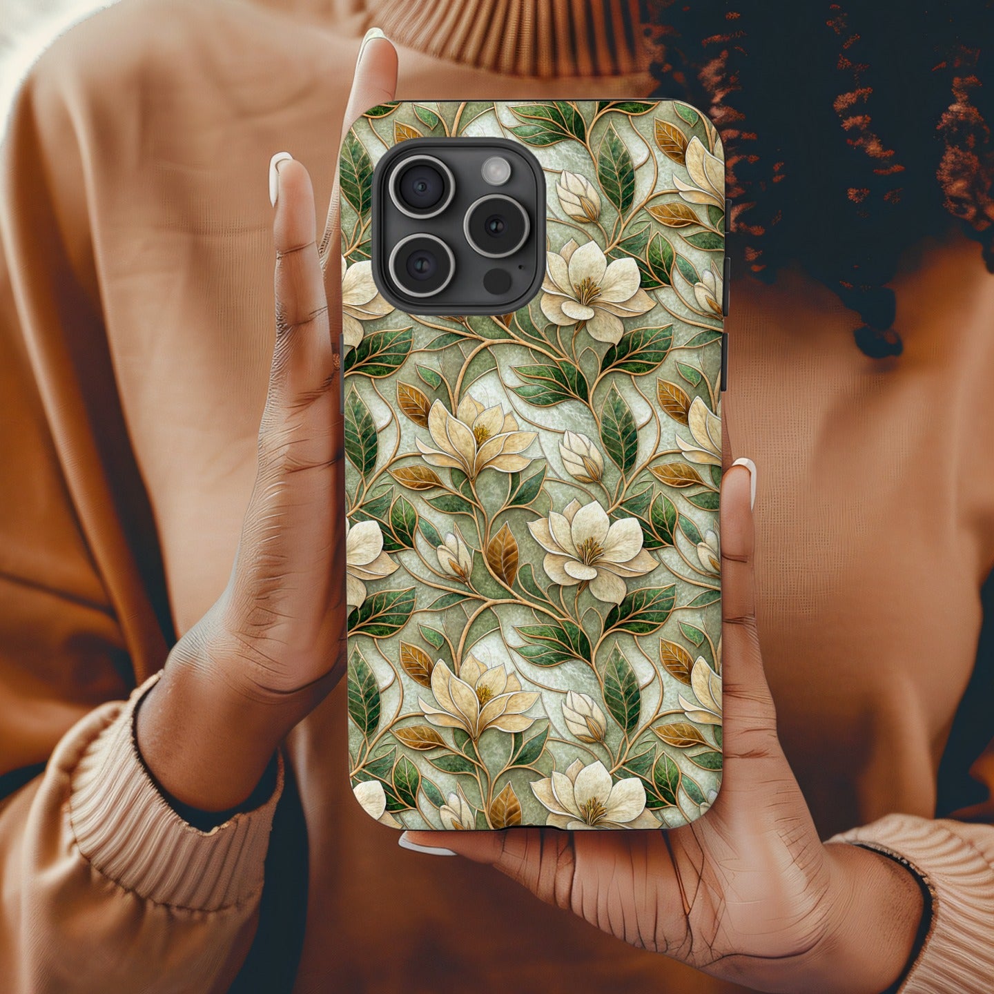 Floral Patterned Phone Case with Green and Yellow Leaves