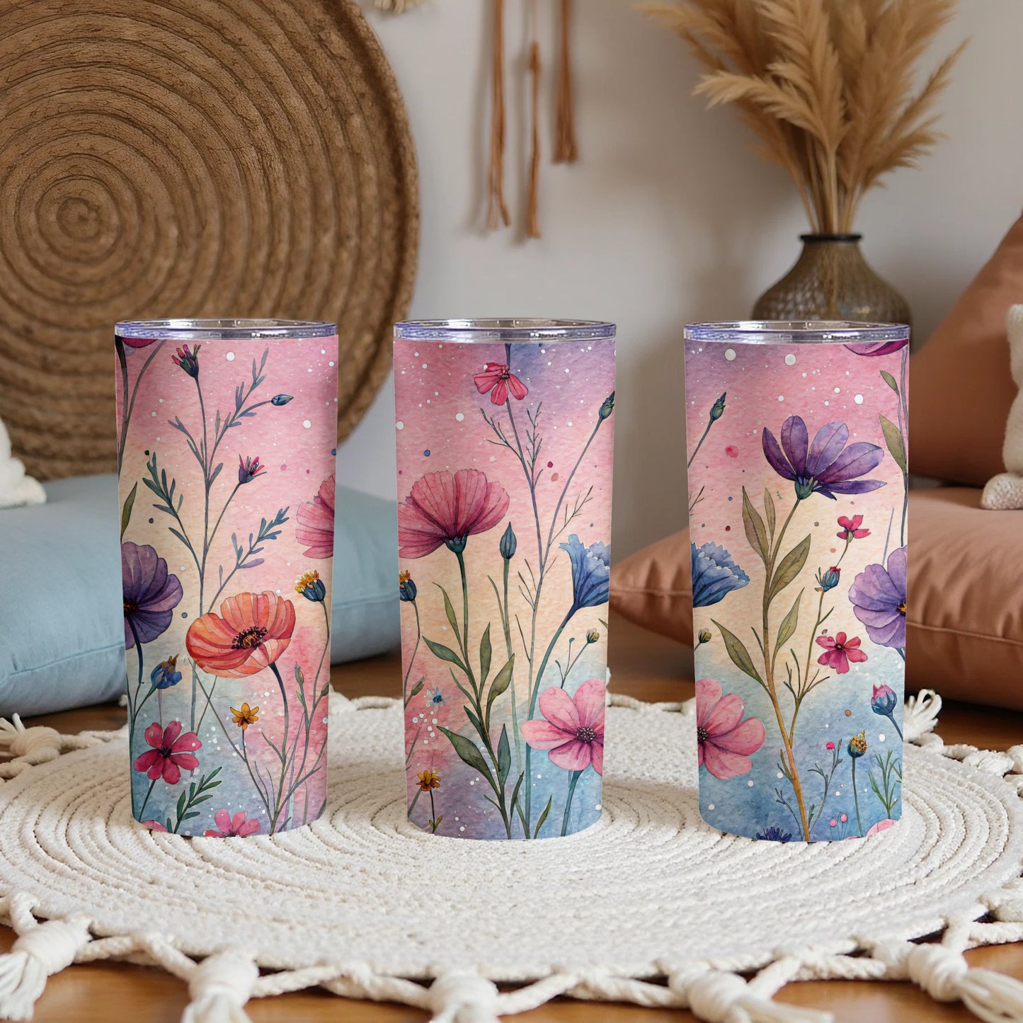 Watercolor Flowers Garden Aesthetic Art 20 oz Skinny Tumbler - Walk Greener
