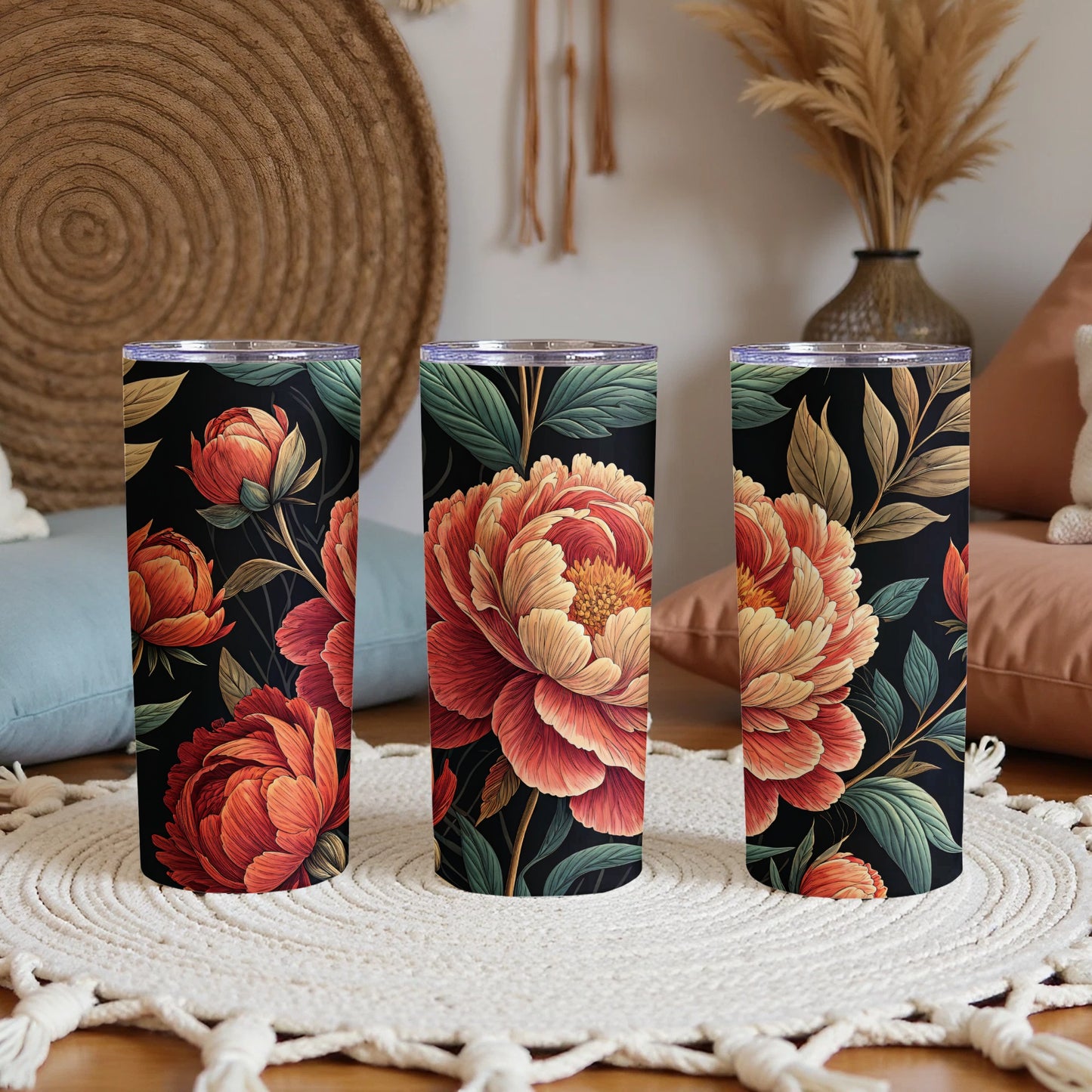 Elegant Thermal Tumblers with Floral Design in Black
