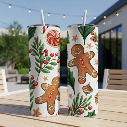 Watercolor Festive Pattern with Ginger Bread and Holly Tumbler - Walk Greener