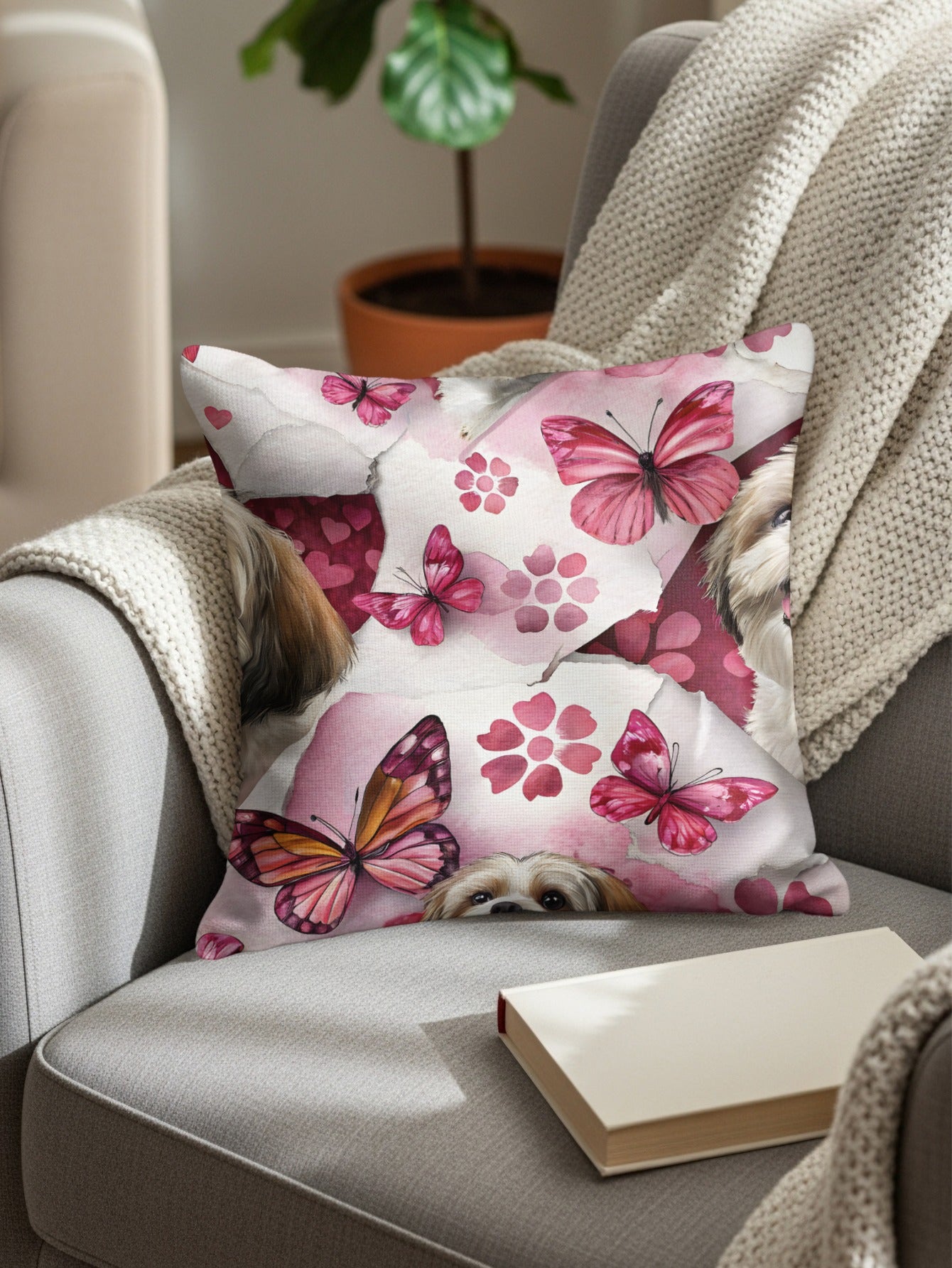 Dog with Butterflies on Pink Floral Background Throw Pillows - Walk Greener