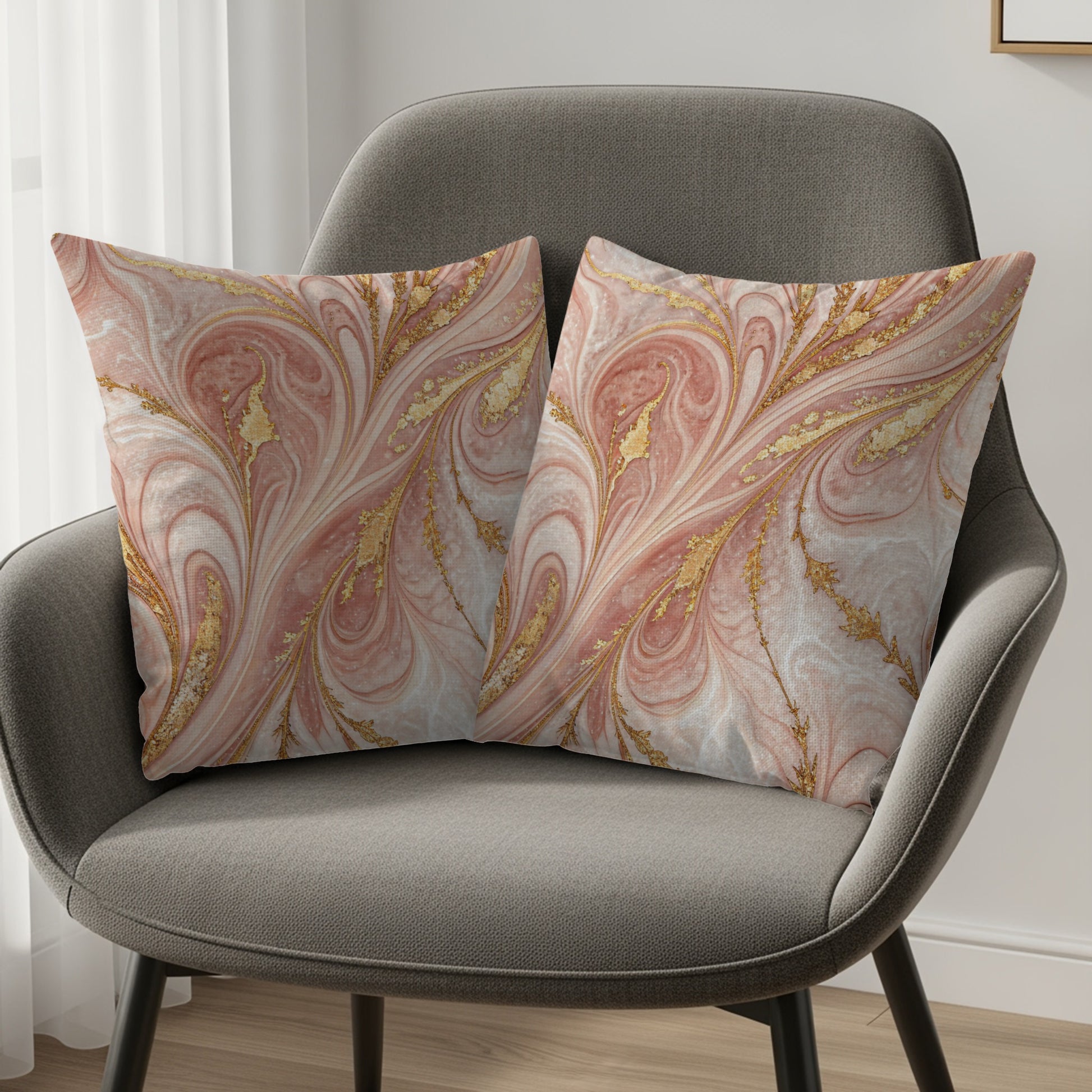Golden Swirls with Pink Marble Decorative Floral Throw Pillows - Walk Greener