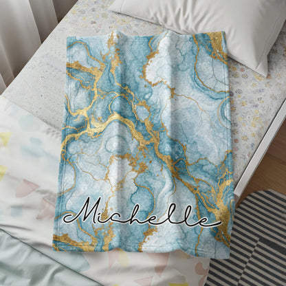 Teal and Gold Marble Custom Name Special Blanket - Walk Greener