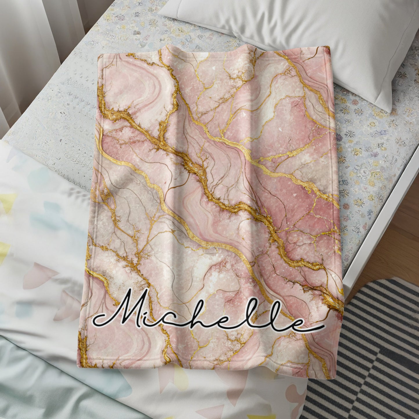 Pink and Gold Marble Design Personalized Blanket
