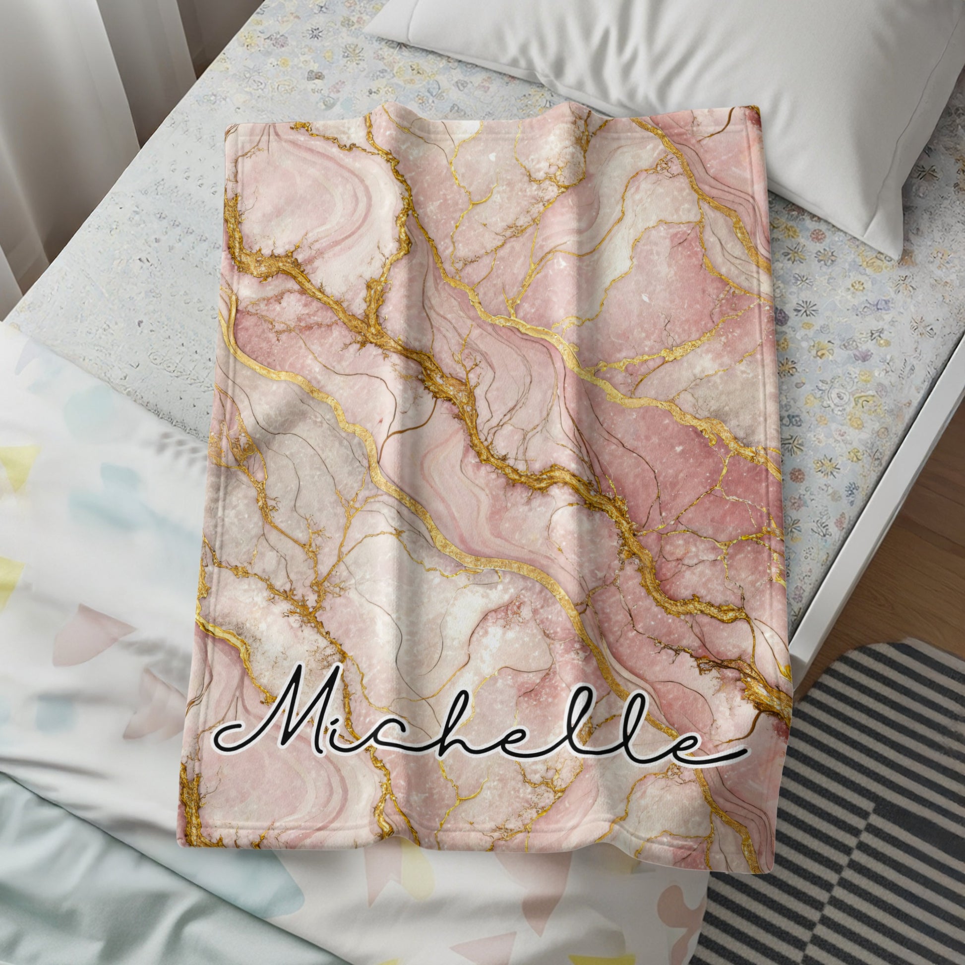 Pink and Gold Marble Design Personalized Blanket