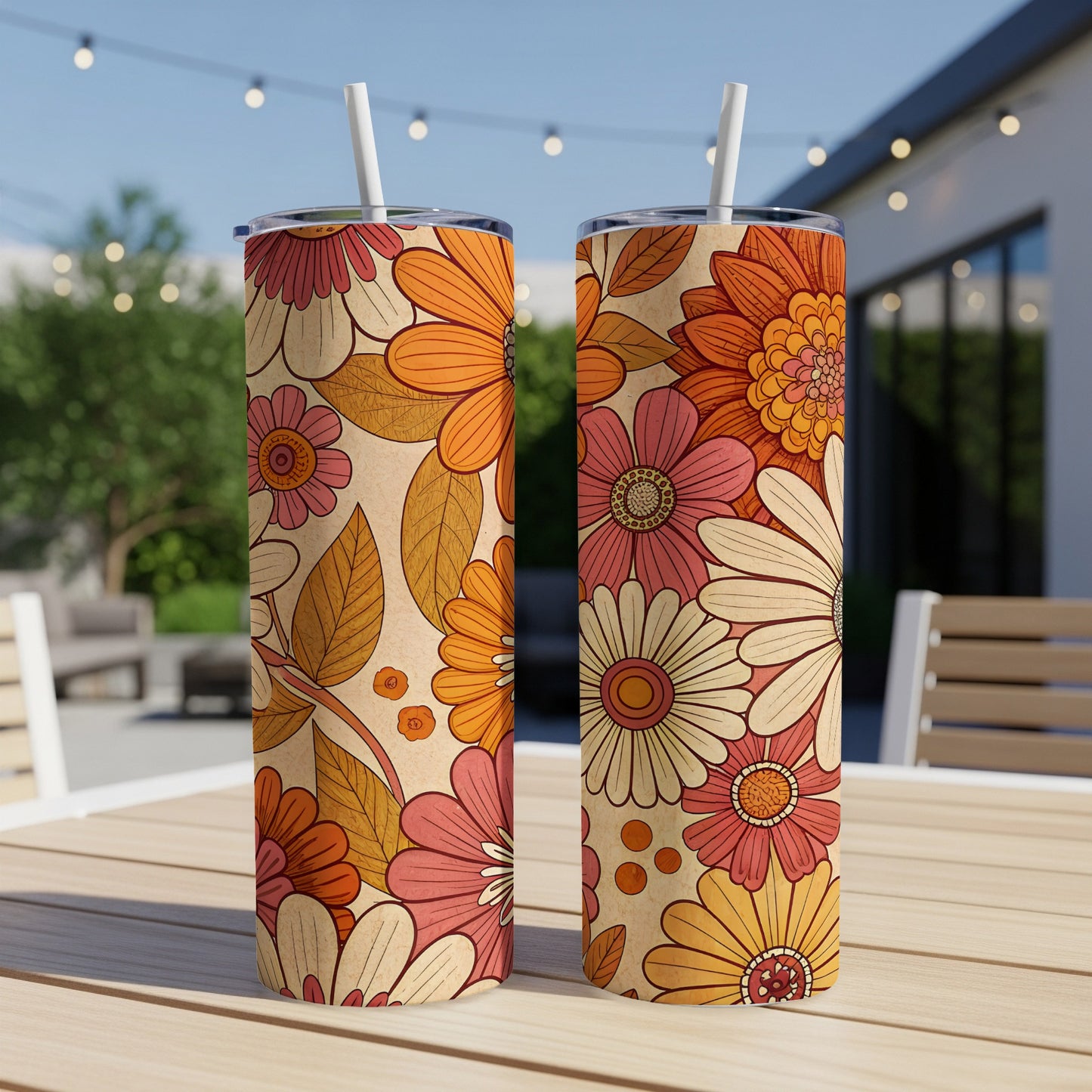 Colorful Floral Pattern Tall Tumbler with Straw